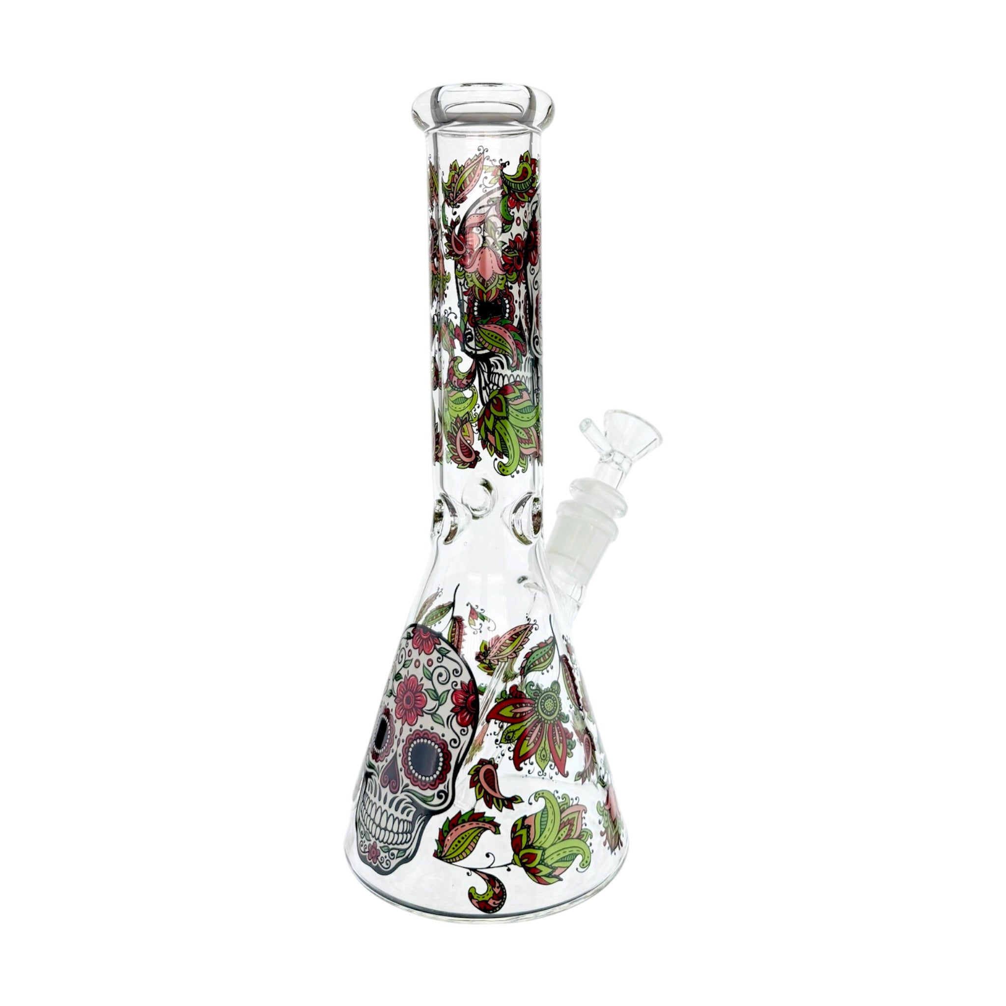 Clear Water Pipe Bong With Sugar Skull And Flowers Beaker 10 Inch on white background