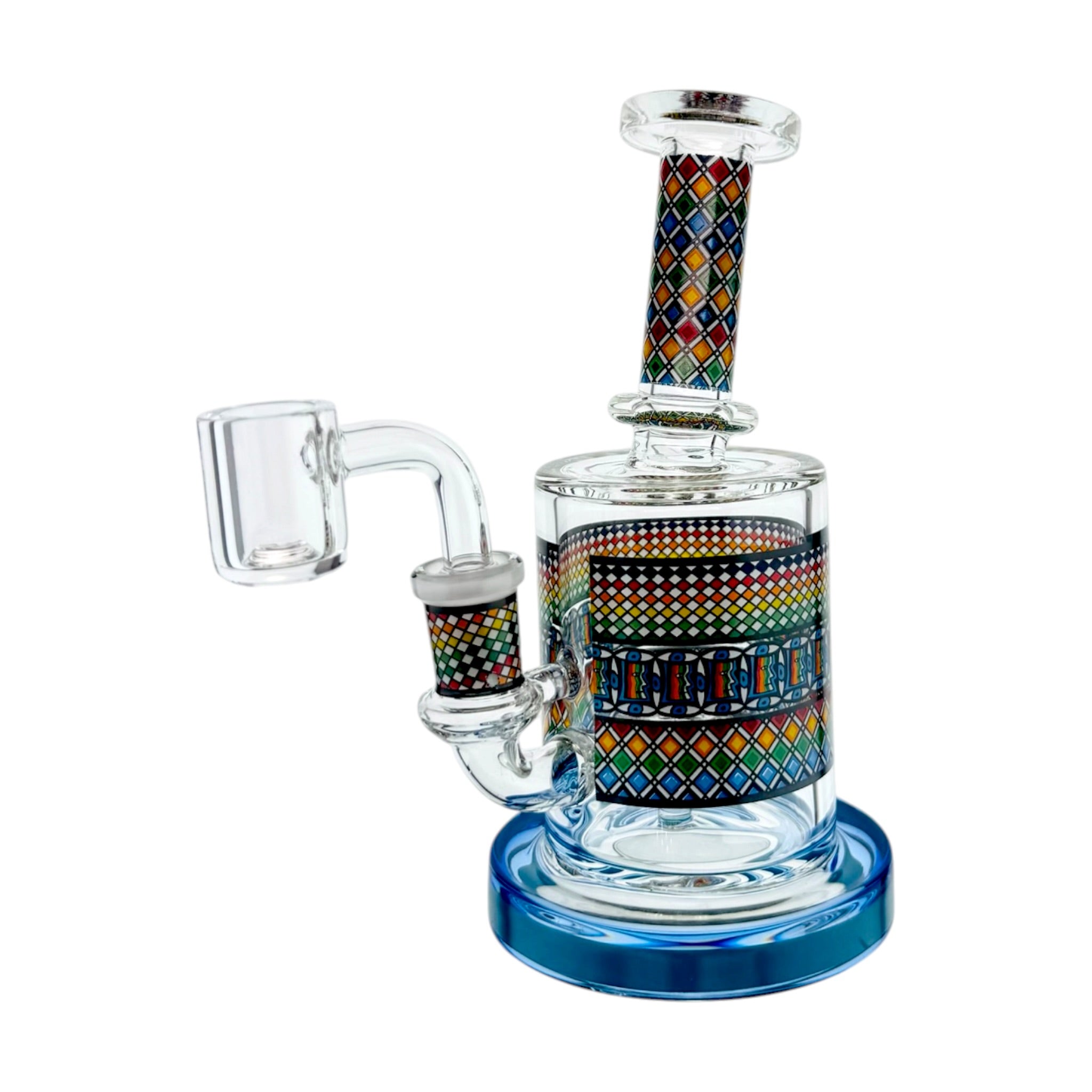 Glass smoking device with colorful geometric pattern on a white background