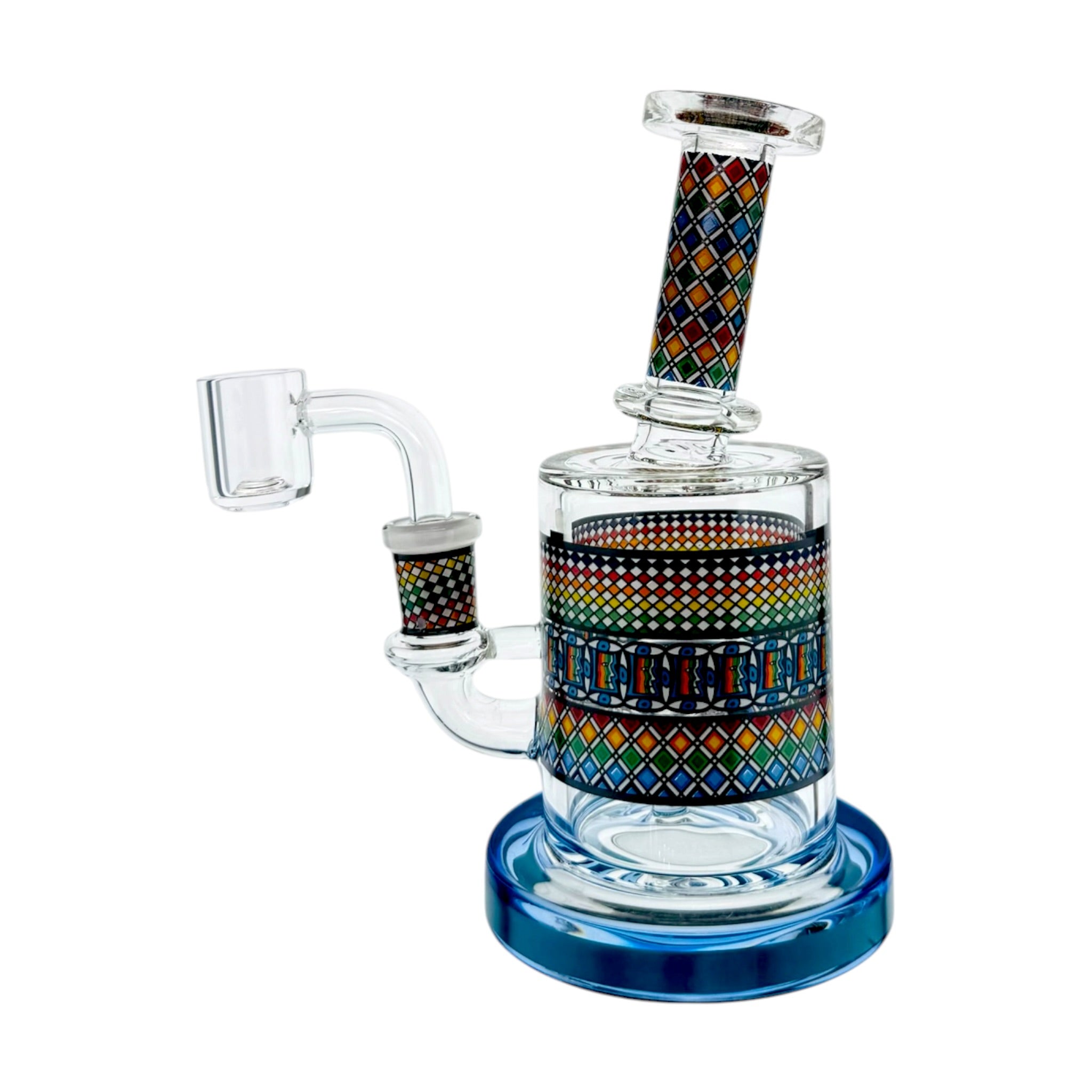 Glass water pipe with colorful pattern on a white background