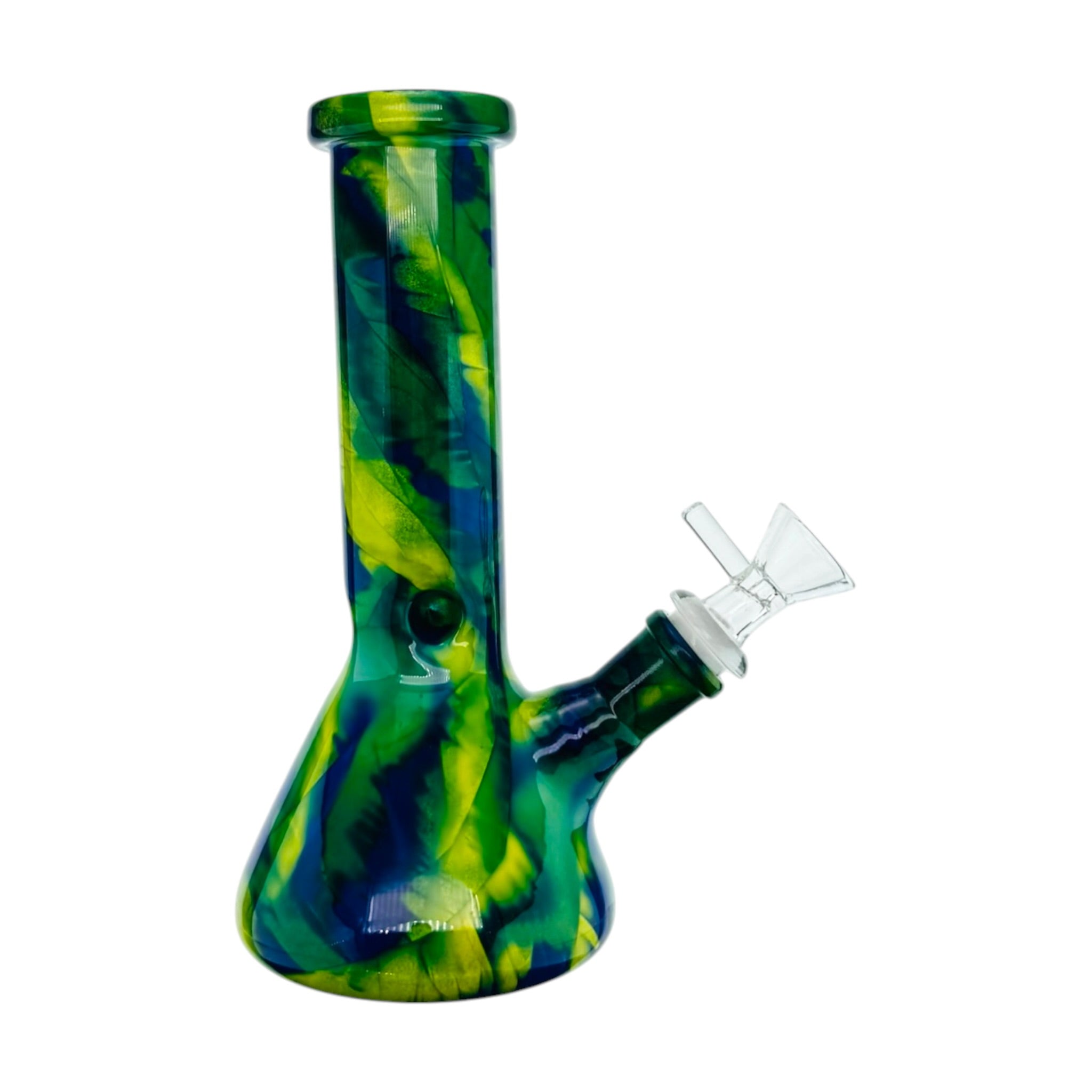 Glass water pipe with green and blue tie-dye pattern on a white background