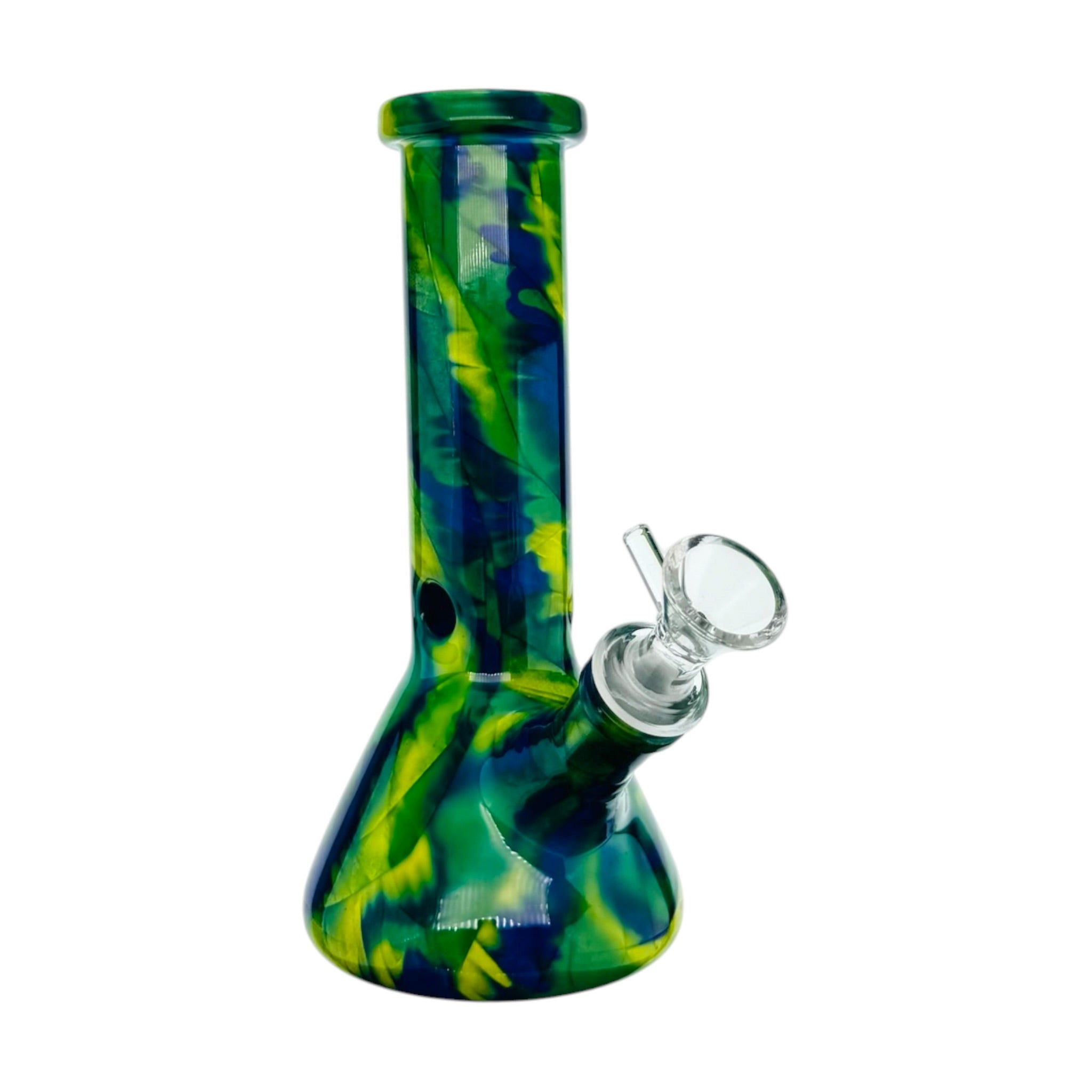 Glass bong with green and blue swirl design on a white background
