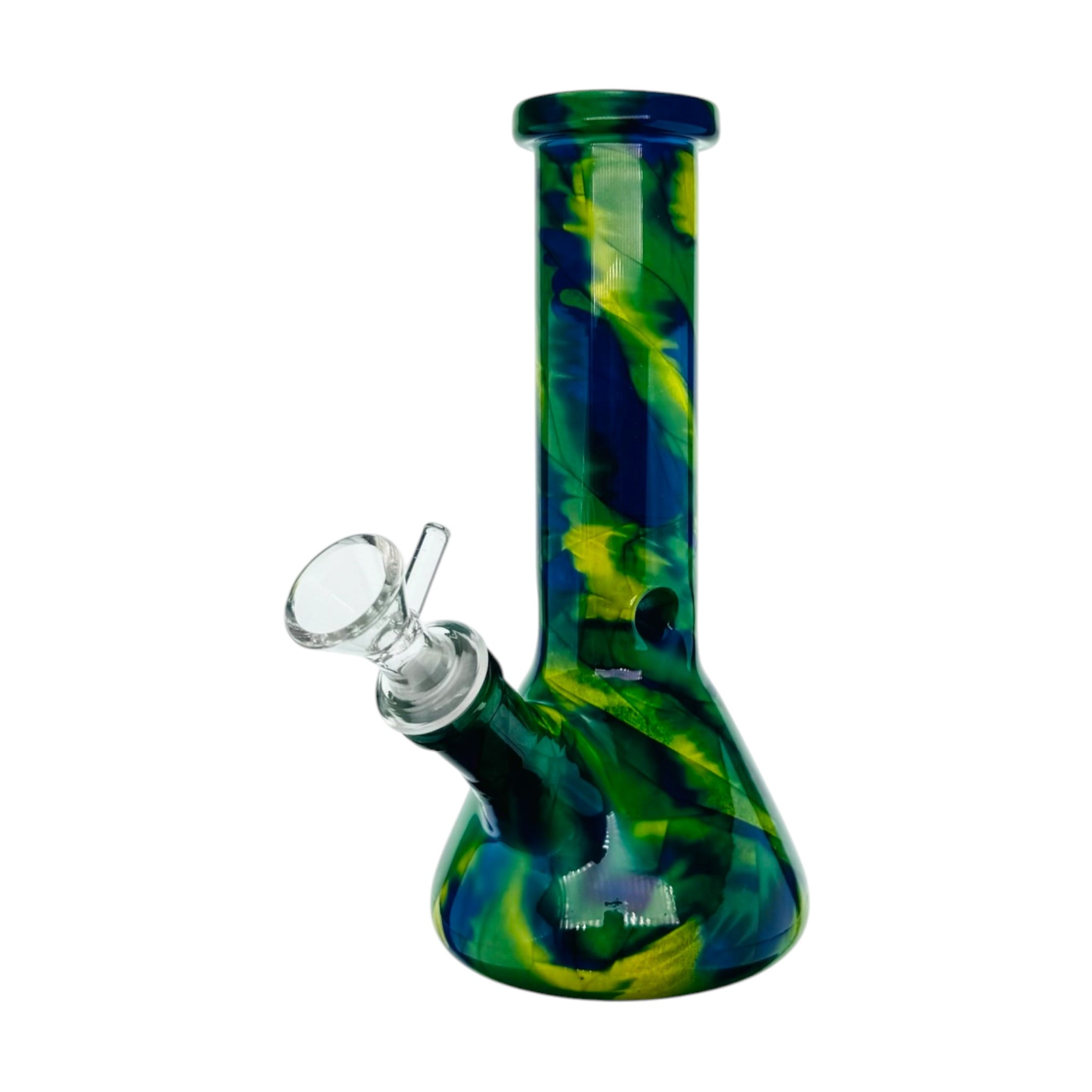 Glass smoking device with blue and green swirl pattern on a white background