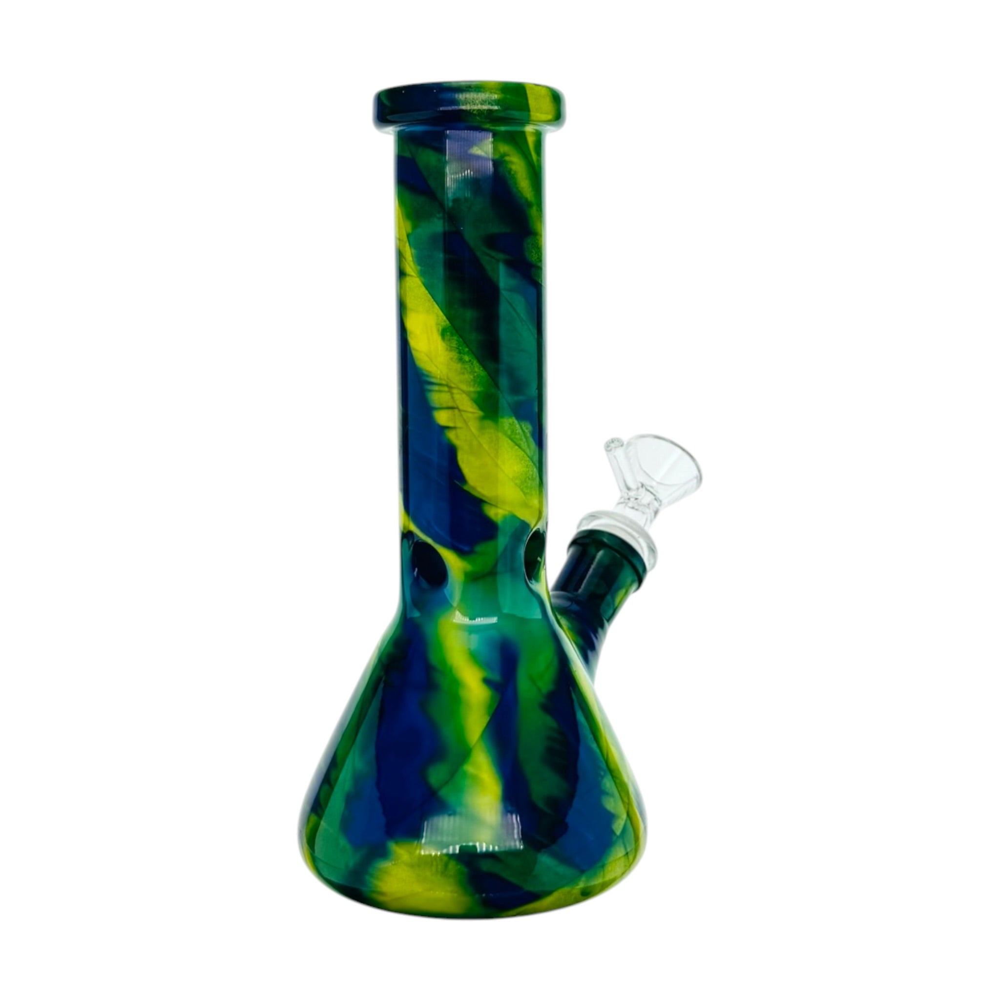 Glass beaker with blue and green tie-dye pattern on a white background