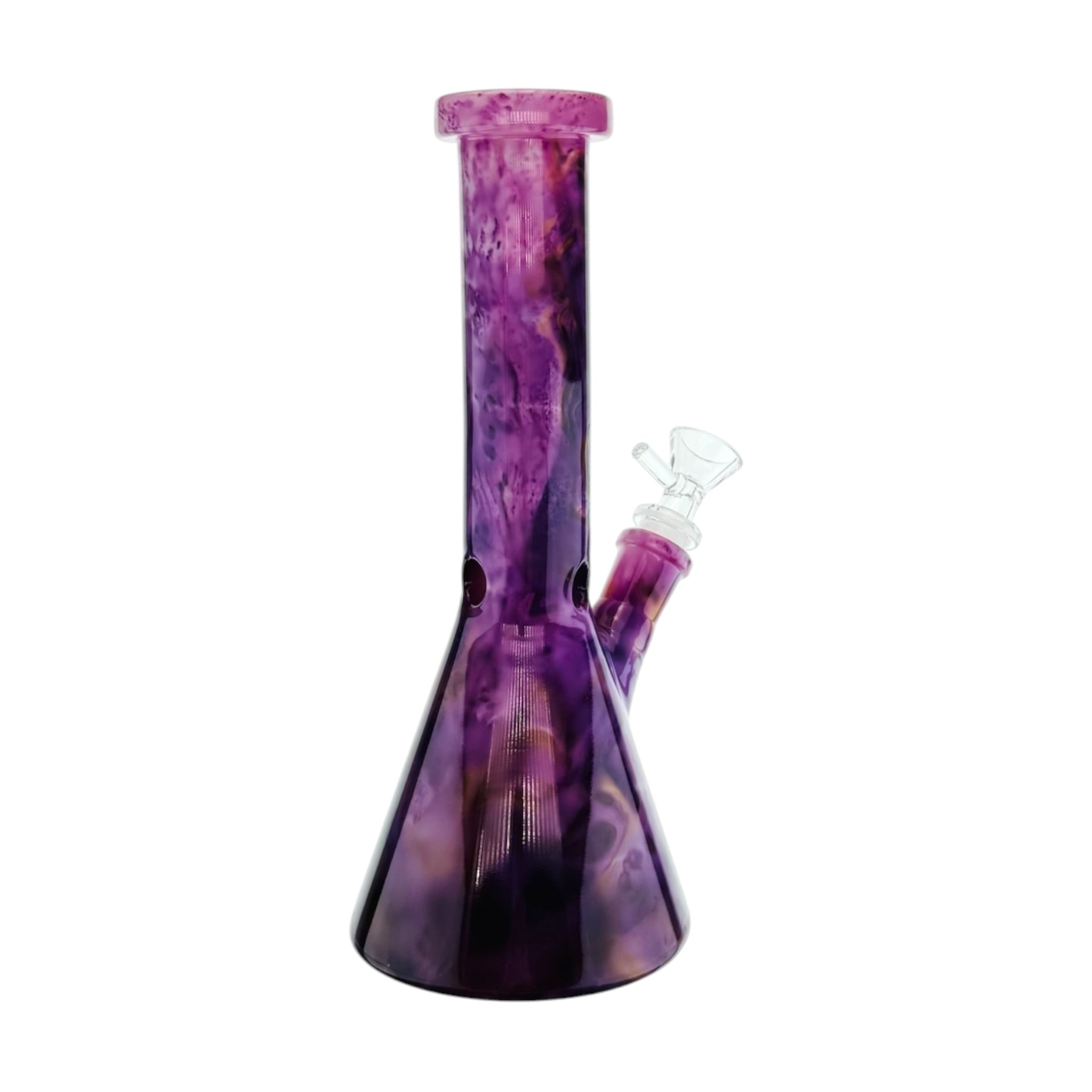 Purple and black glass bong on a white background