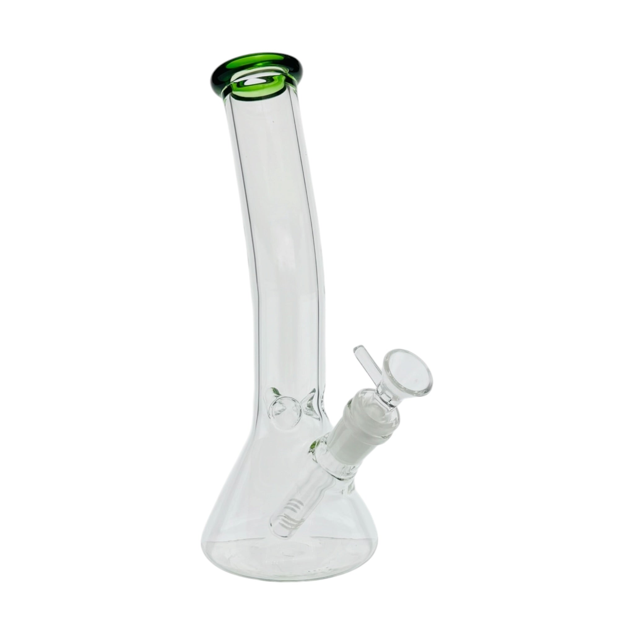 Clear Beaker Glass Water Pipe Bong With Bent Neck And Green Mouthpiece