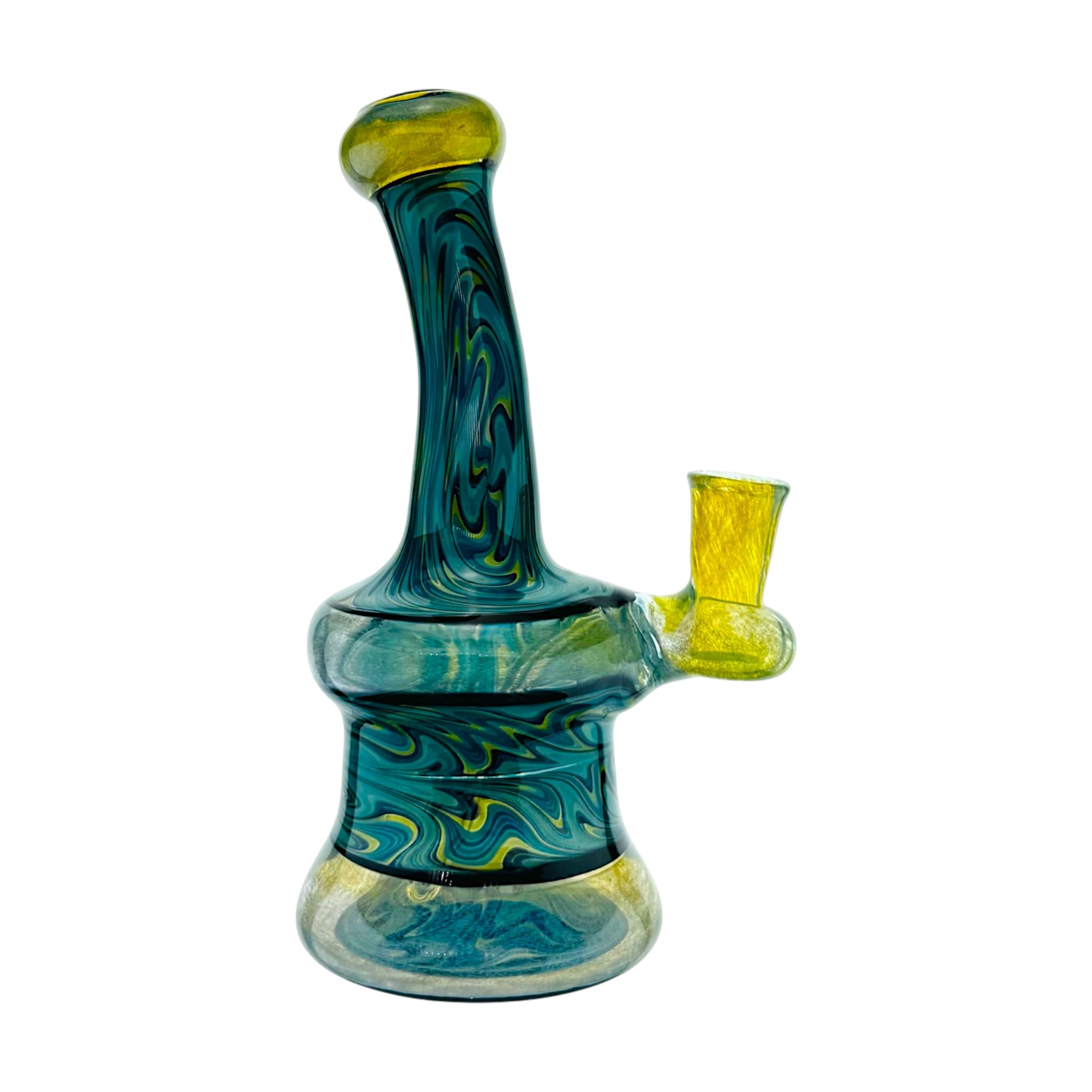 heady glass by artist Irene Glass Blue Green Yellow Linework water pipe Dab Rig With Fuming