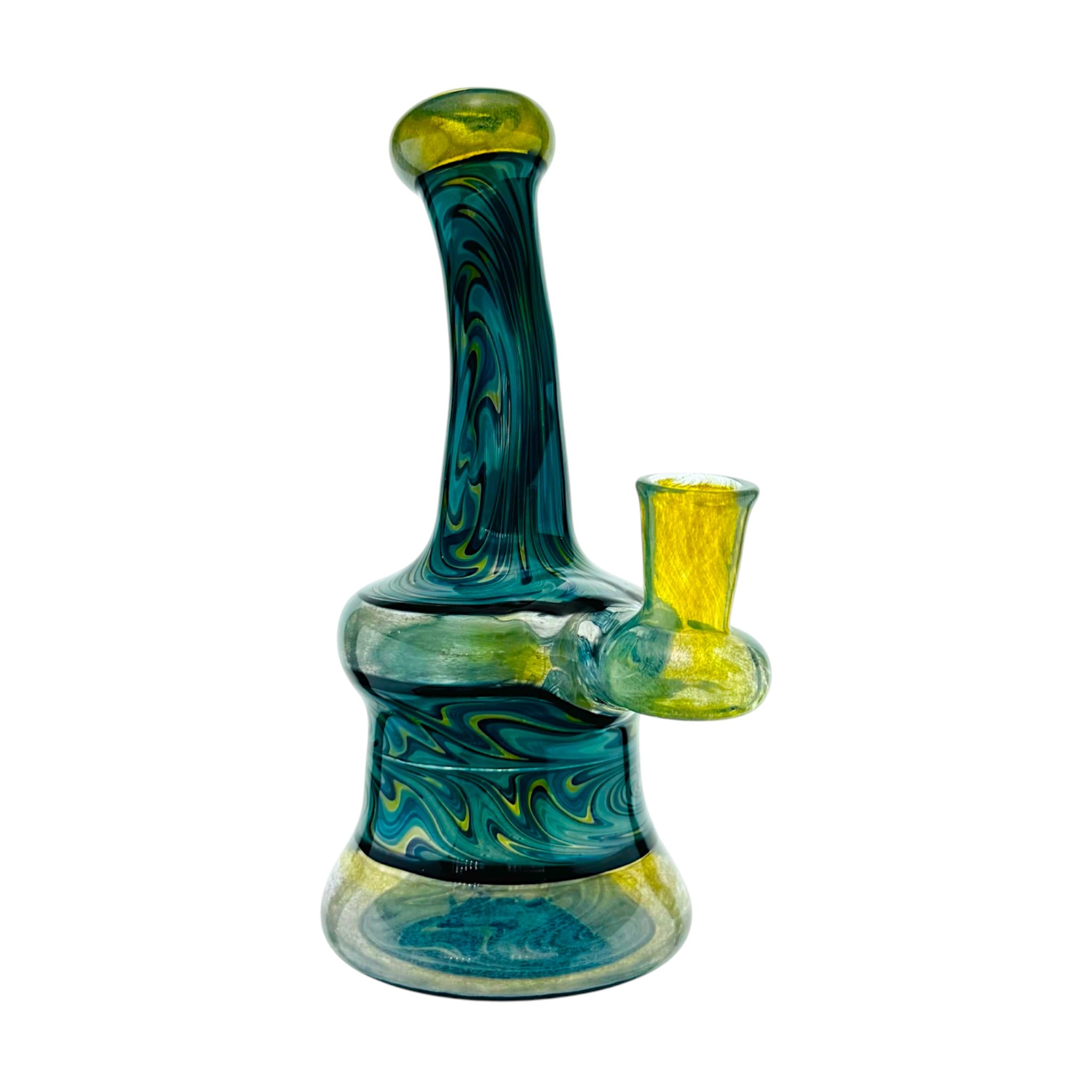 heady glass by artist Irene Glass Blue Green Yellow Linework water pipe Dab Rig With Fuming