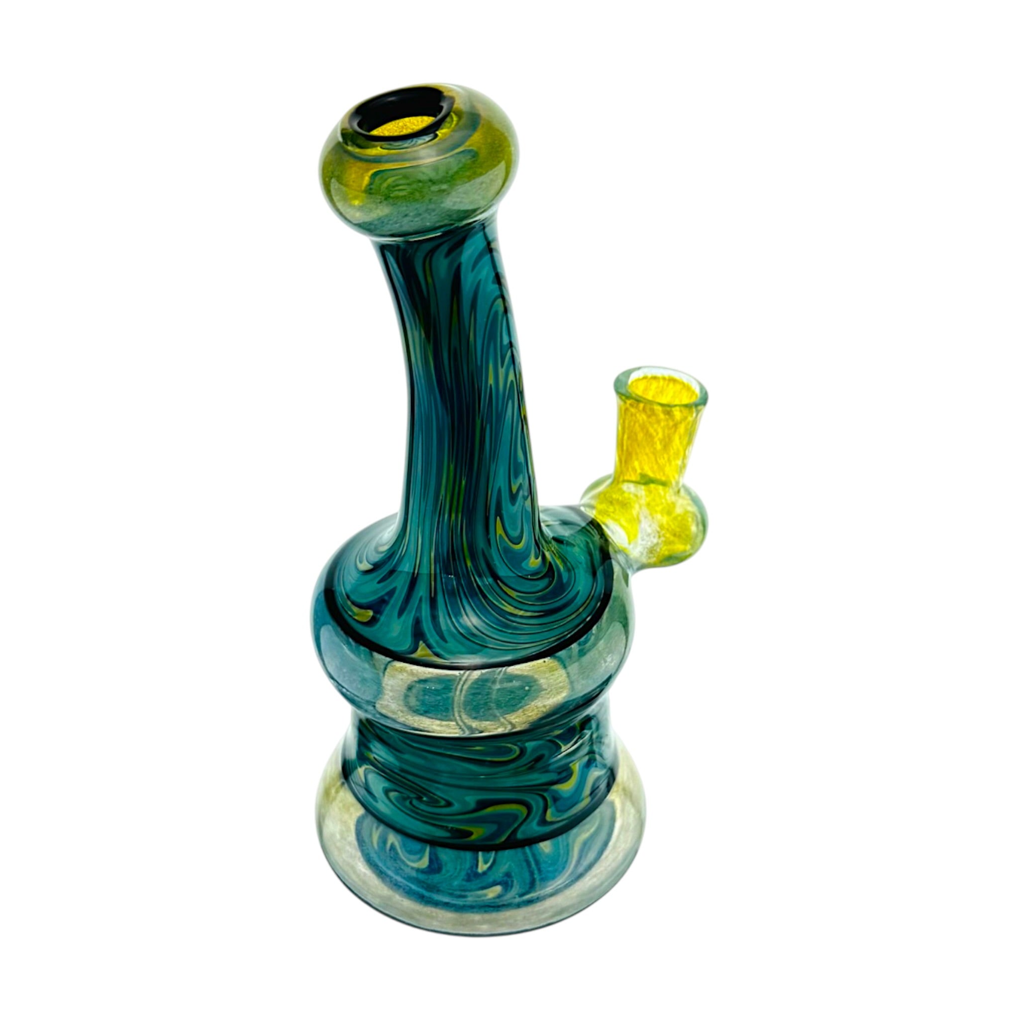 heady glass by artist Irene Glass Blue Green Yellow Linework water pipe Dab Rig With Fuming