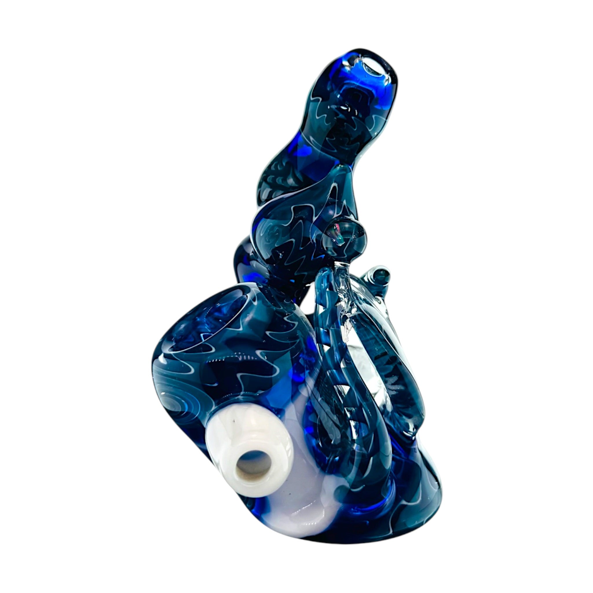 Heady Old School Stand Up Dry Pipe With Blue Wig Wag Linework And Multiple Opals