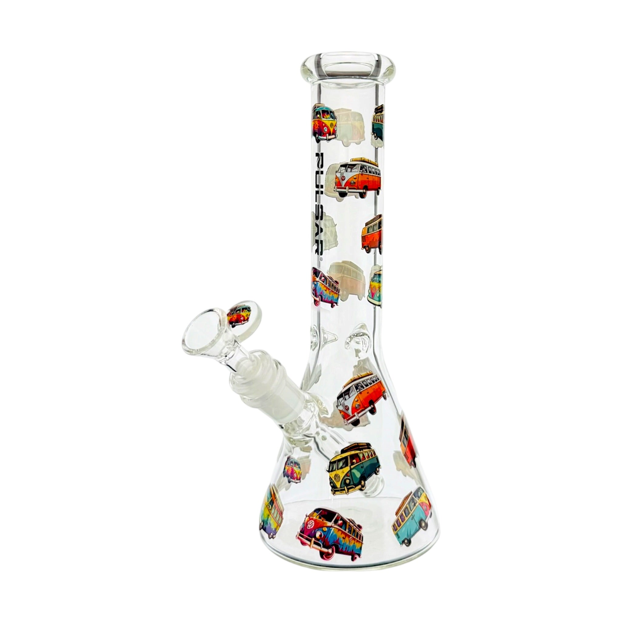 Clear glass beaker-style water pipe with colorful printed VW bus illustrations and a clear glass mouthpiece, shown on a white background.