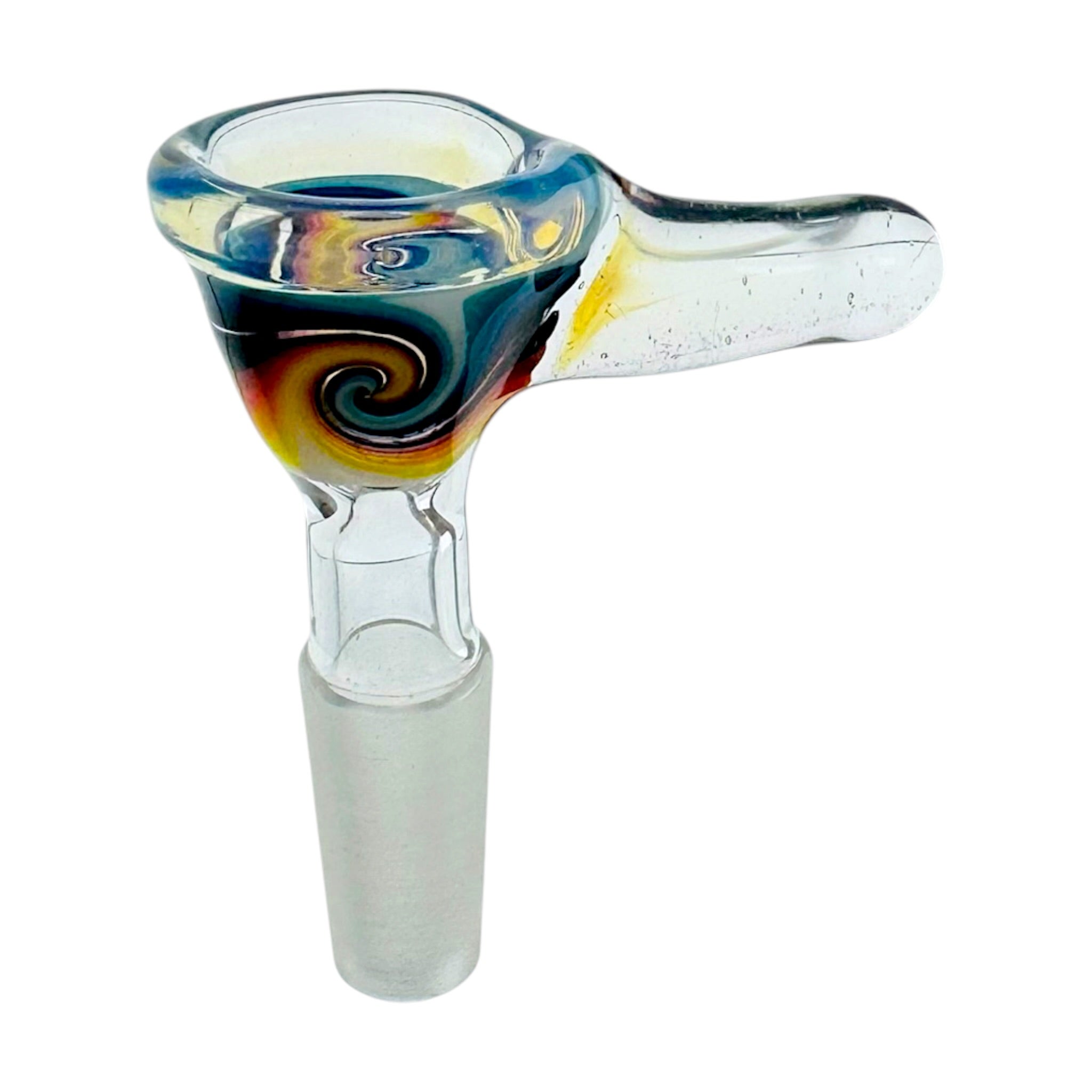 A hand-blown glass water pipe with a clear glass base and a colorful swirl design in blue, yellow, orange, and black on the bowl, isolated on a white background.