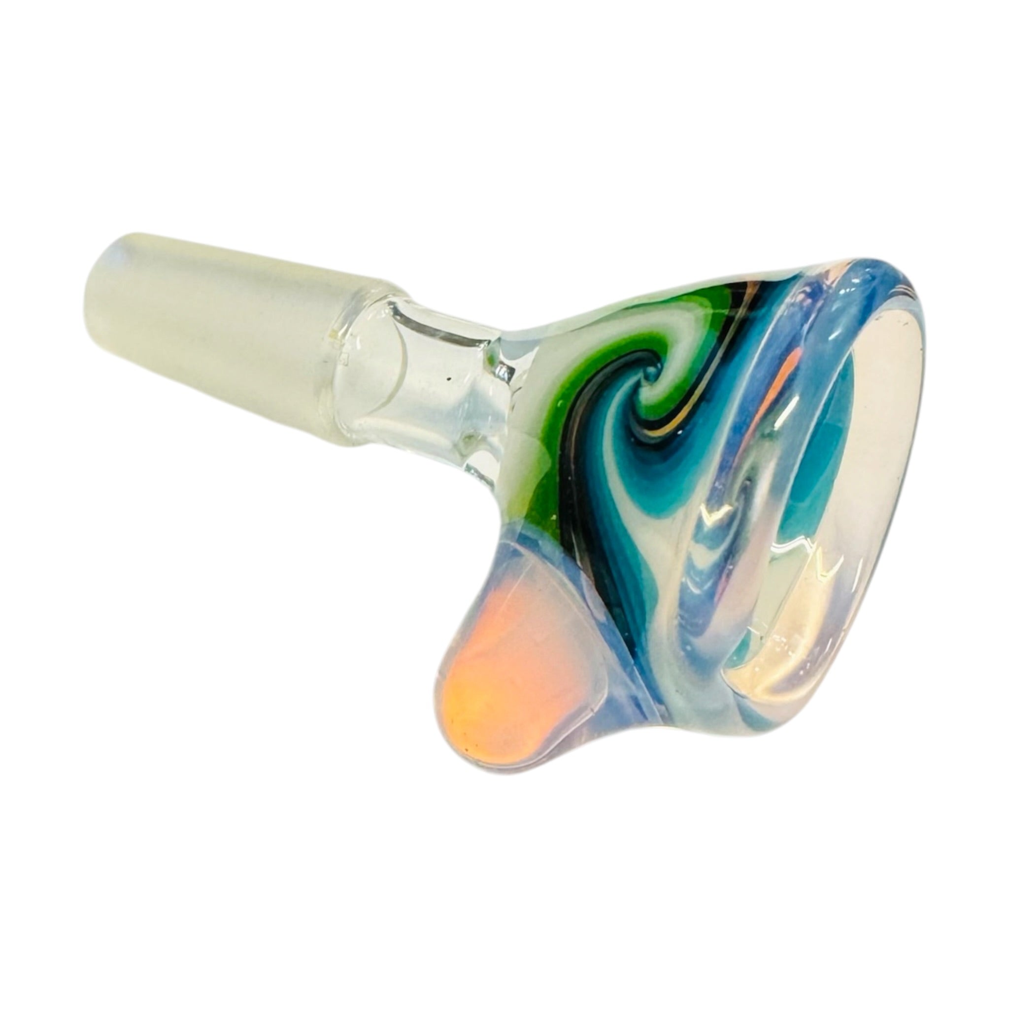A clear glass water pipe 10mm bowl with a colorful swirl pattern in blue, green, black, and orange, shown on a plain white background.