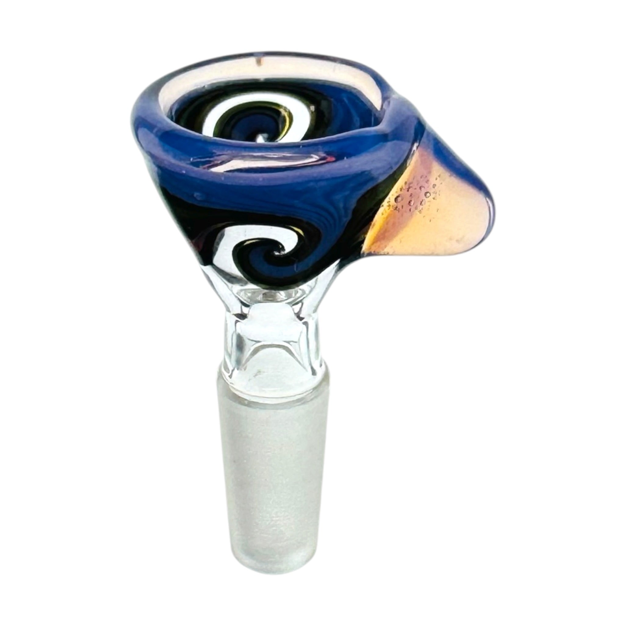 A hand-blown glass bowl with a swirled blue, black, and white design, featuring a clear glass neck and a frosted white base, shown on a plain white background.