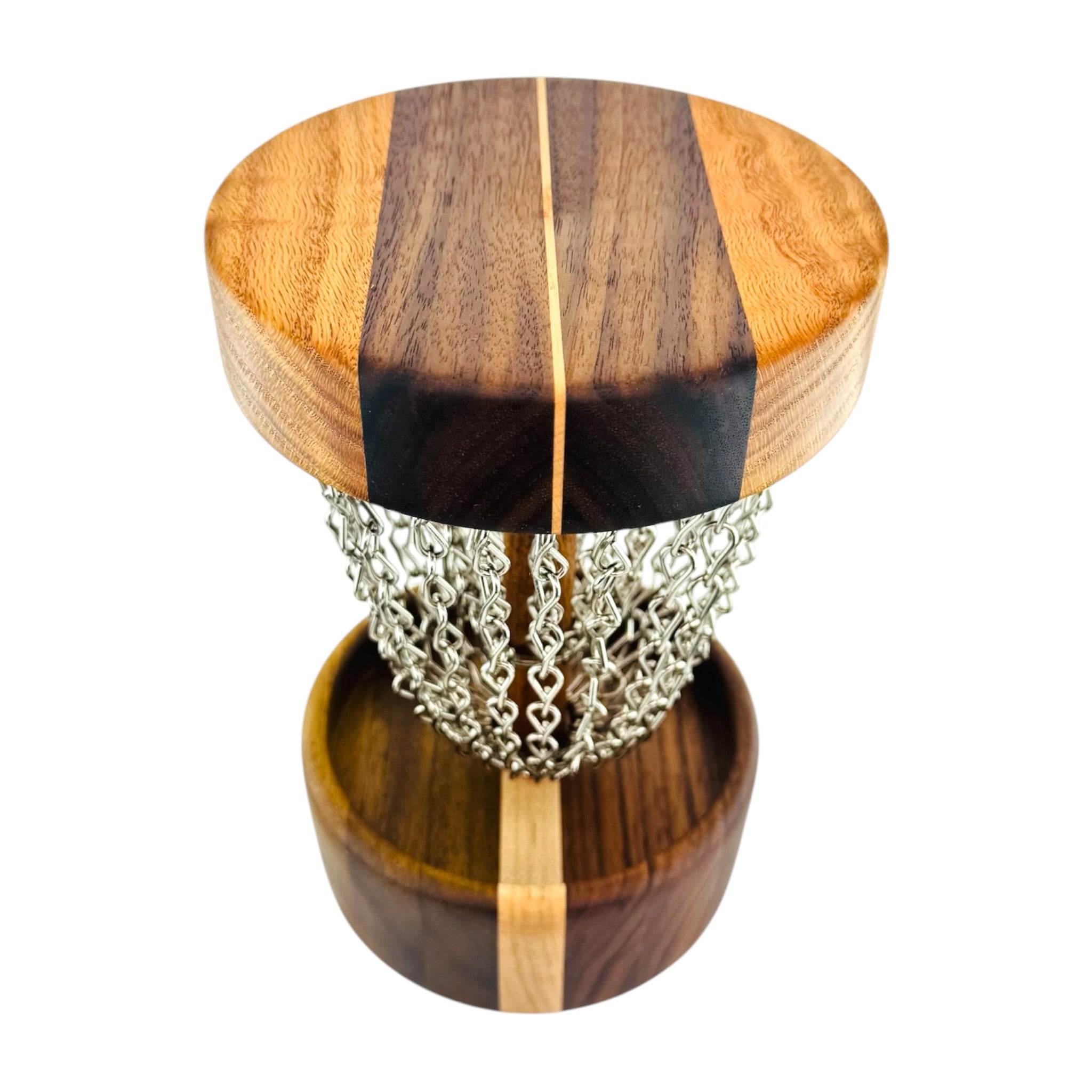 Handmade Wood Disc Golf Net Small Desktop Sized - Mahogany & Black Walnut Base With Curley Oak & Black Walnut Top