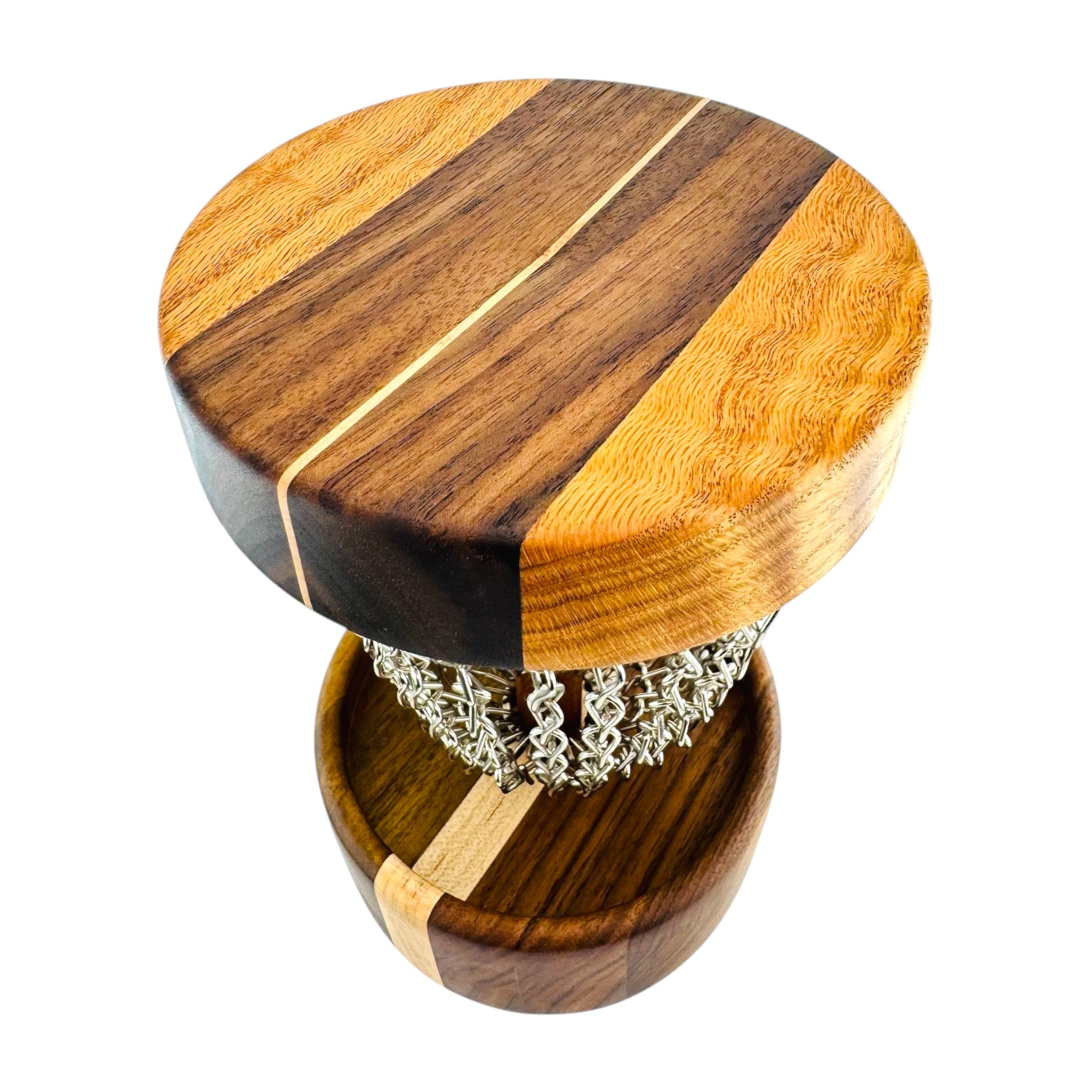 Handmade Wood Disc Golf Net Small Desktop Sized - Mahogany & Black Walnut Base With Curley Oak & Black Walnut Top