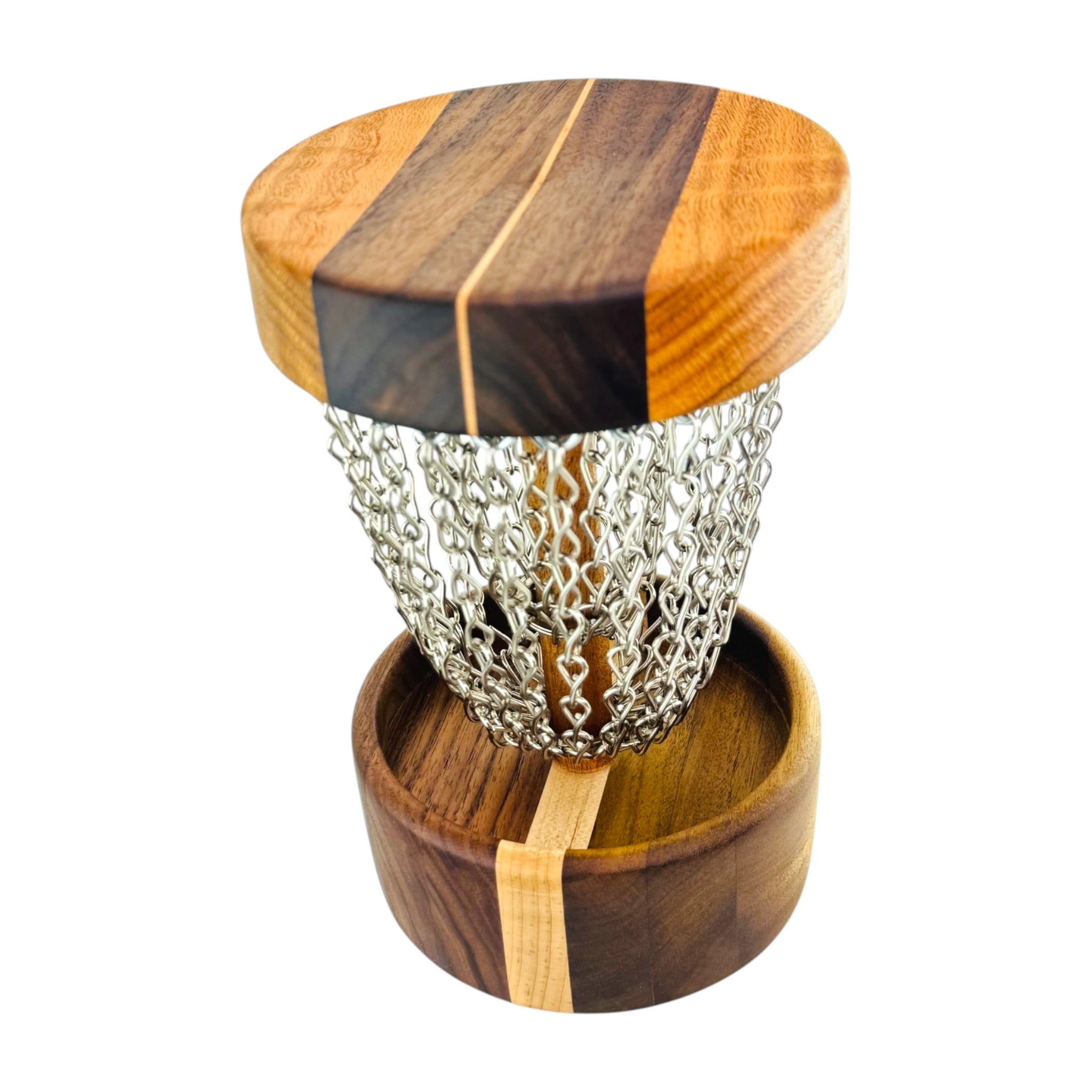 A wooden and metal disc golf disc shown on a plain white background. The disc features a multi-colored wood grain pattern with dark brown, medium brown, and light tan stripes, and is suspended by a silver-colored metal chain.