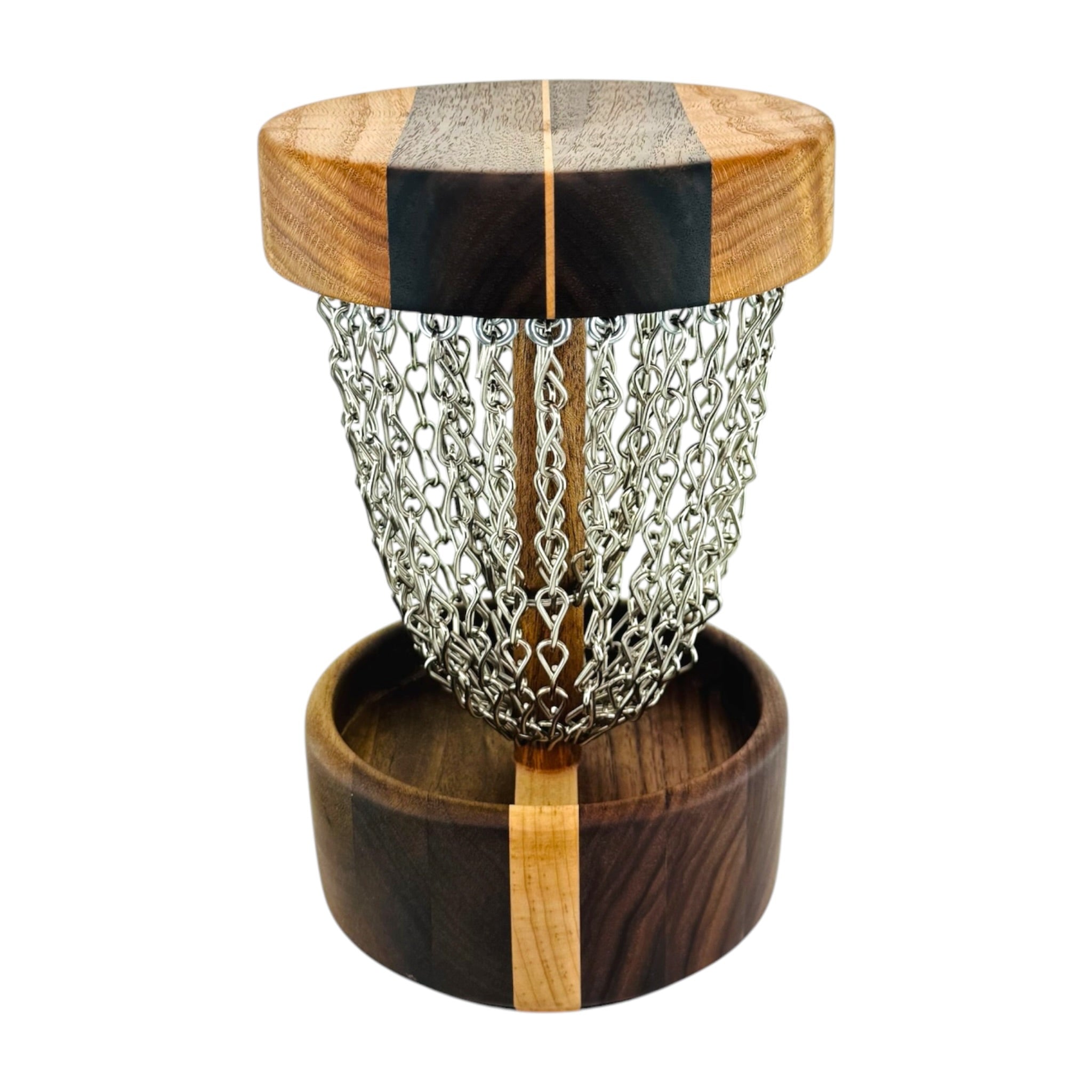 A wooden and metal disc golf basket with a circular wooden top and base featuring natural wood grain and dark inlay panels, connected by a silver metal chain.