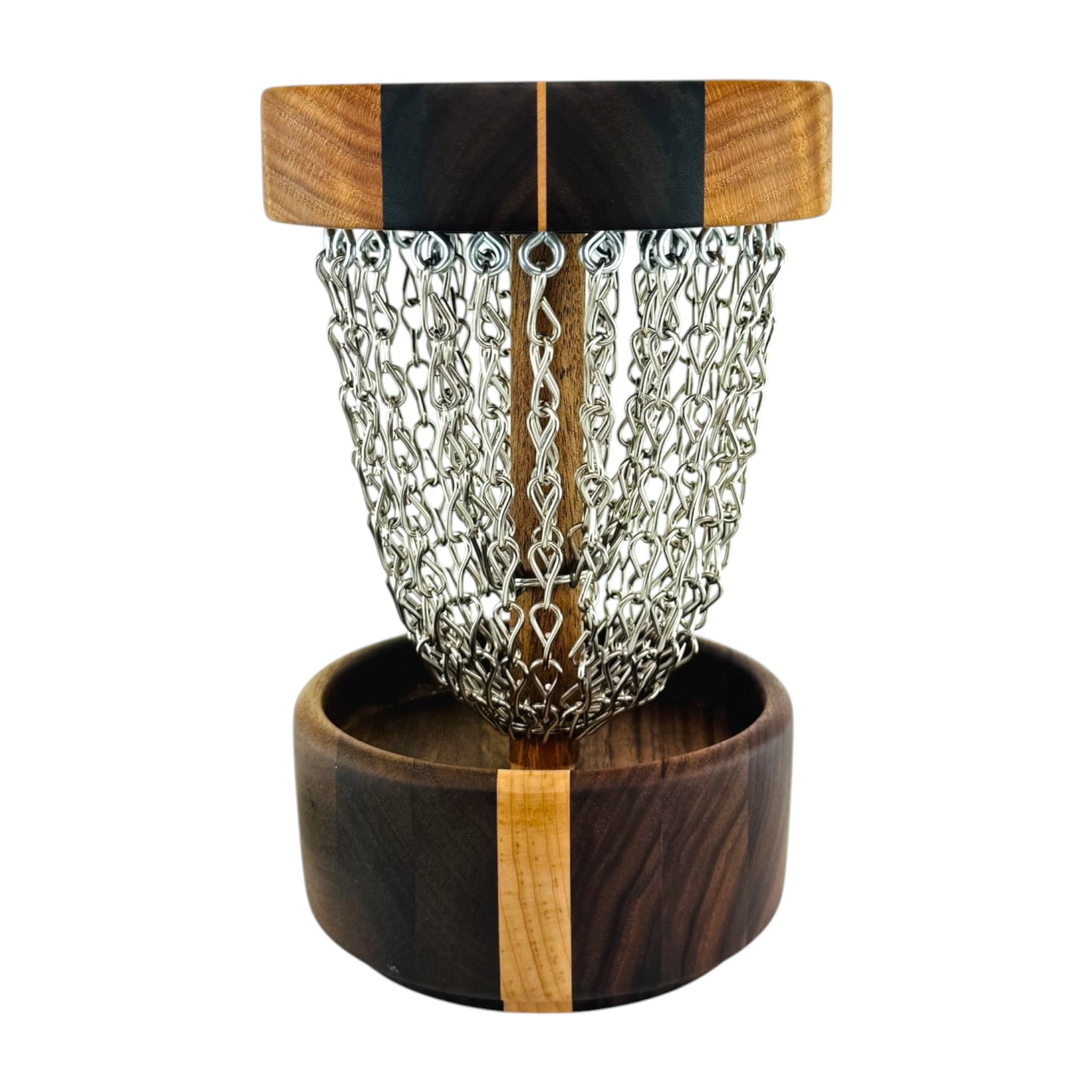 A disc golf basket with a silver metal chain net suspended between a top cap and a round wooden base, shown on a plain white background.