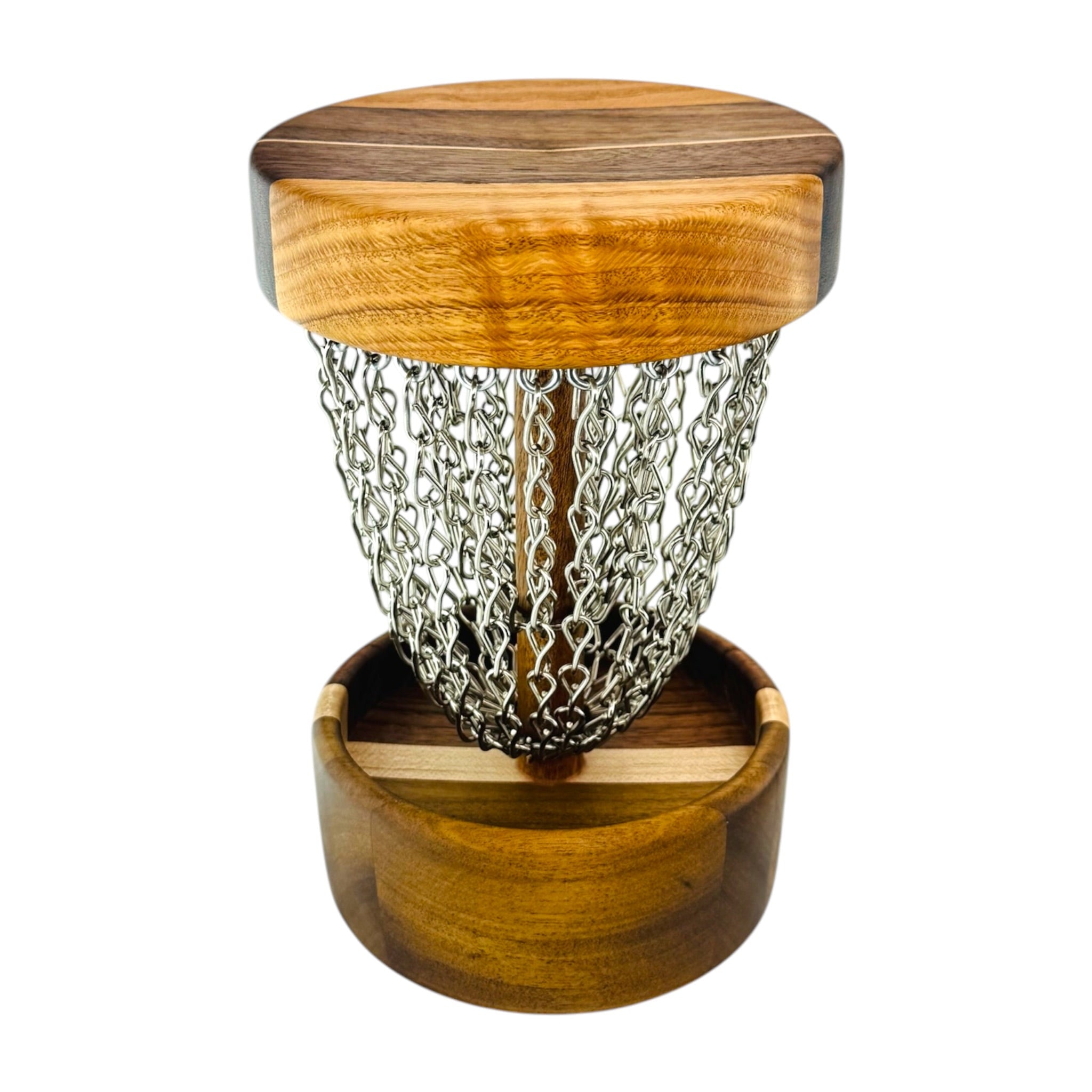 Handmade Wood Disc Golf Net Small Desktop Sized - Mahogany & Black Walnut Base With Curley Oak & Black Walnut Top