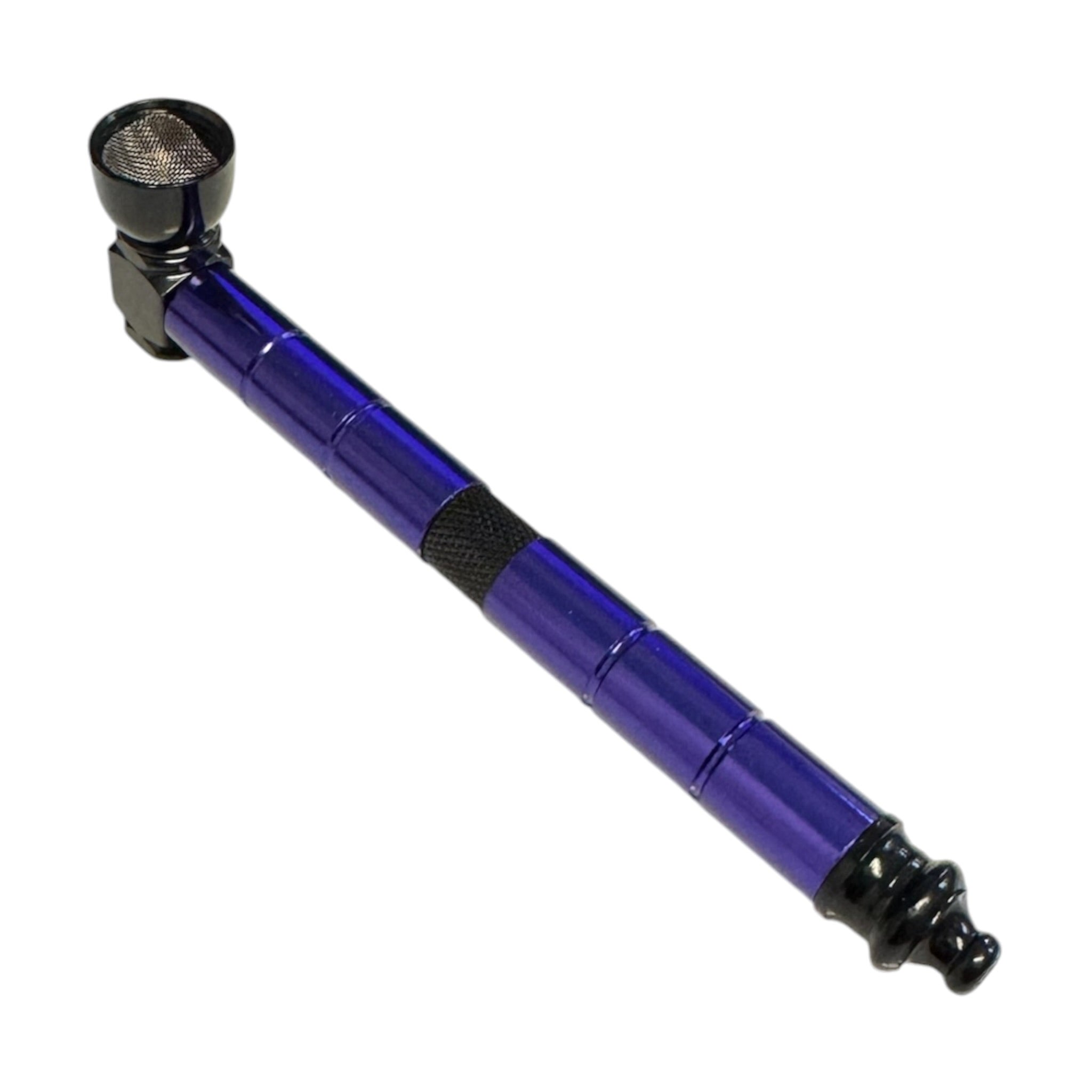 Striking deep purple and black two-tone aluminum hand pipe featuring a 6-inch extended stem design