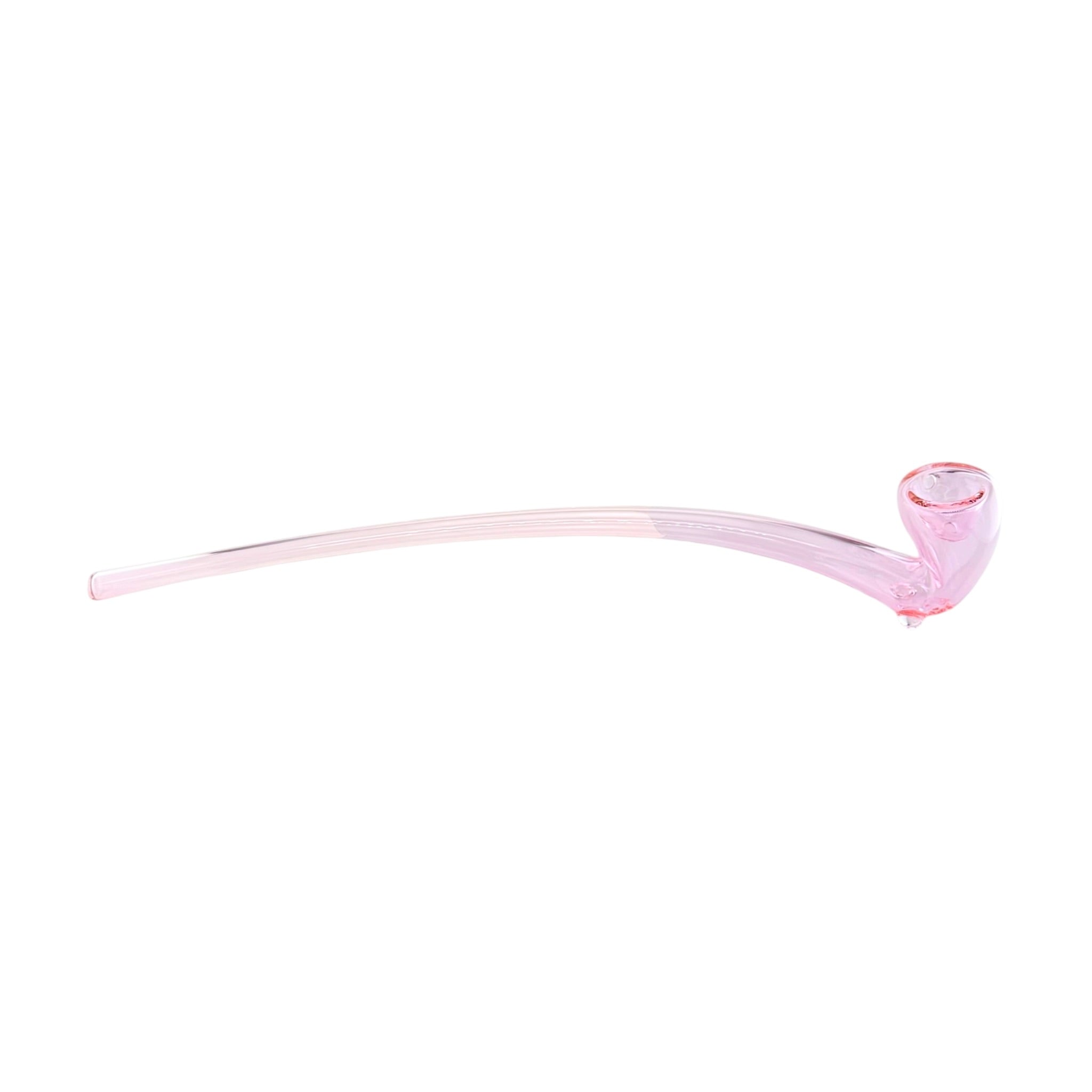 A translucent pink glass smoking pipe with a curved stem and a small bulbous bowl, shown against a plain white background.