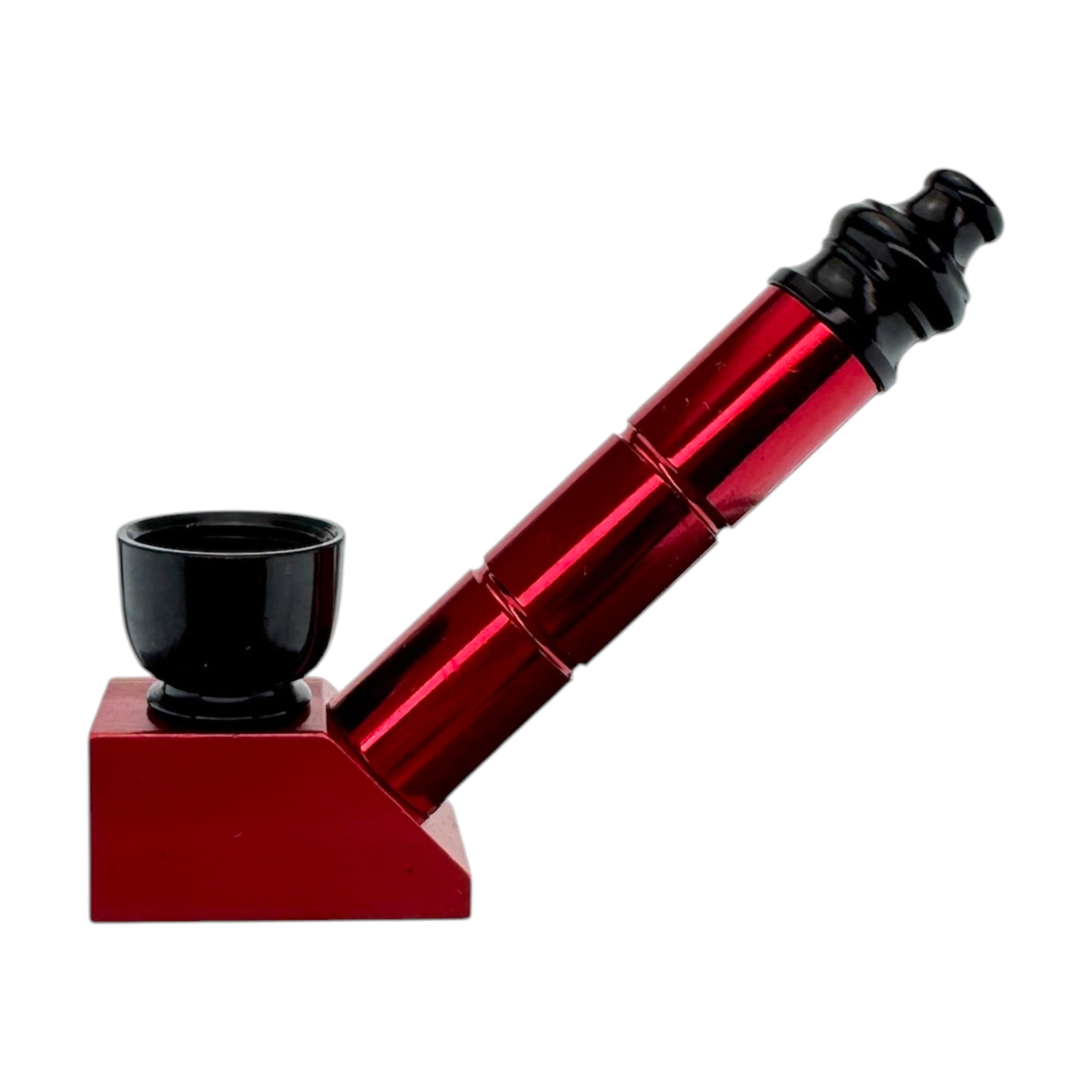 A red metallic pipe with a black bowl and black mouthpiece, resting on a red triangular stand against a plain white background.