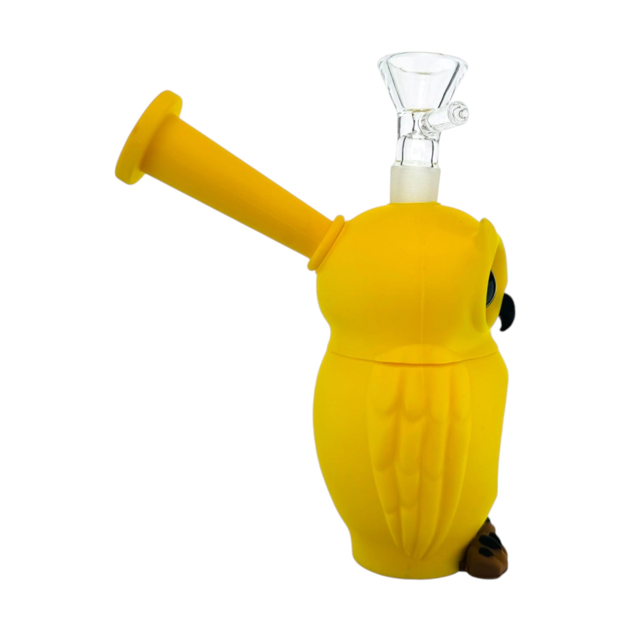A yellow owl-shaped silicone or rubber water pipe bong with a clear glass bowl piece attached at the top, photographed on a plain white background.
