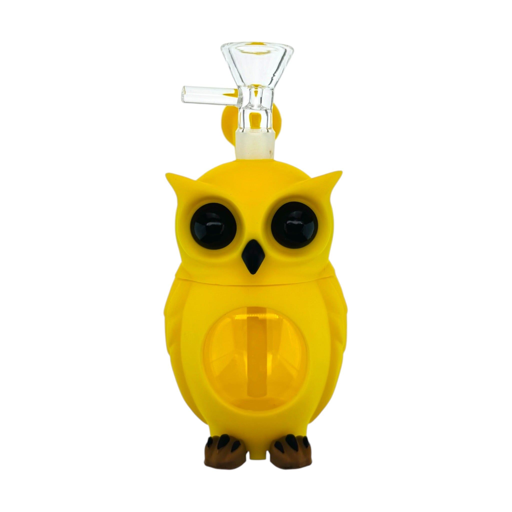 A yellow owl-shaped silicone or rubber water pipe bong with a clear glass bowl piece attached at the top, photographed on a plain white background.