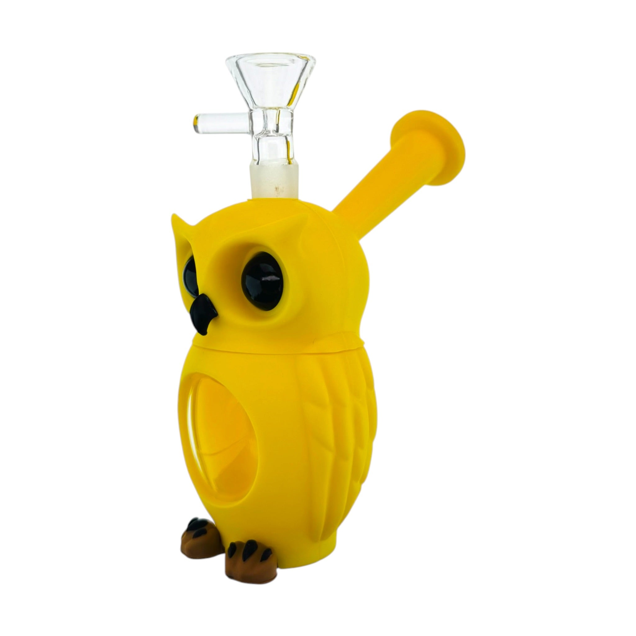 A yellow owl-shaped silicone or rubber water pipe bong with a clear glass bowl piece attached at the top, photographed on a plain white background.