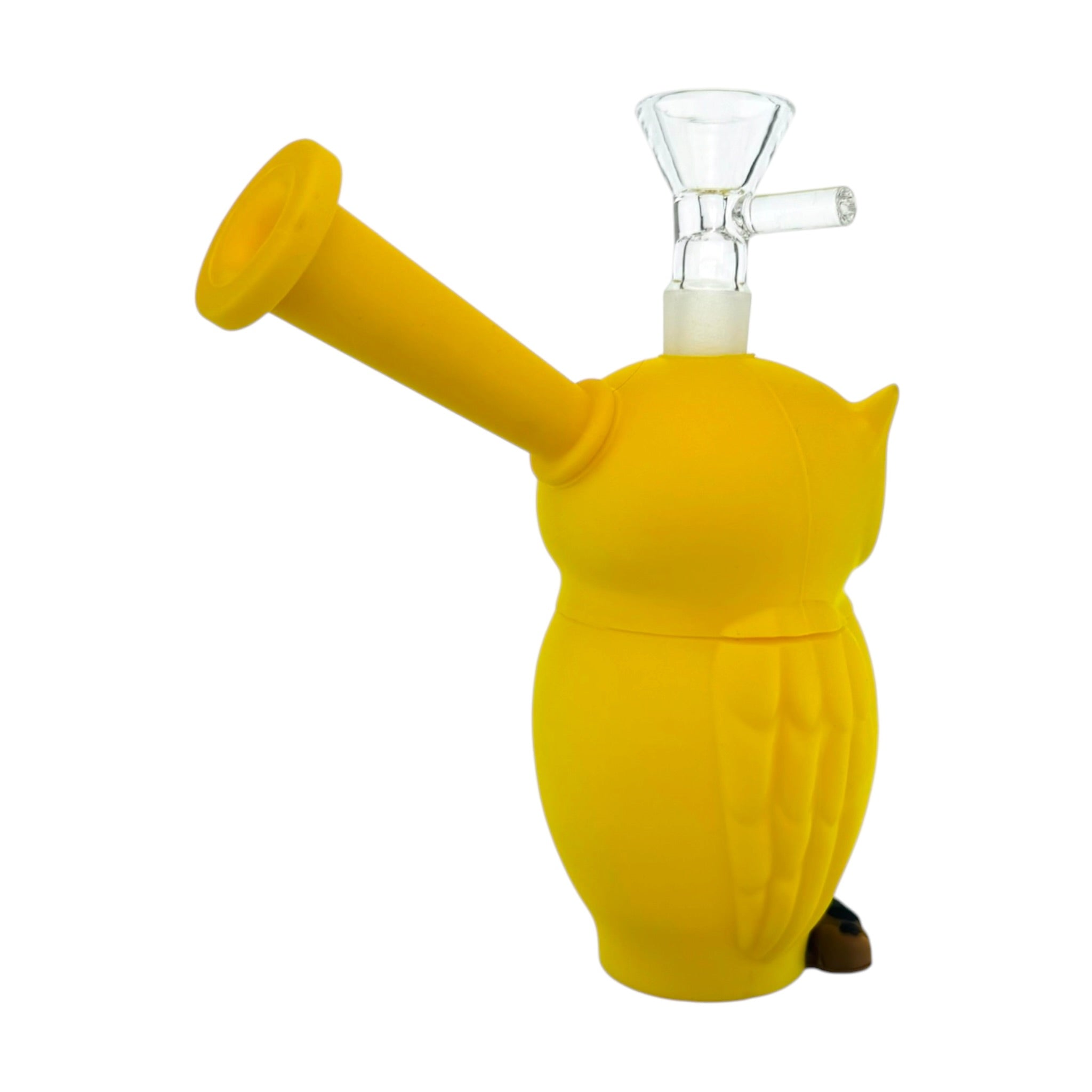 A yellow owl-shaped silicone or rubber water pipe bong with a clear glass bowl piece attached at the top, photographed on a plain white background.