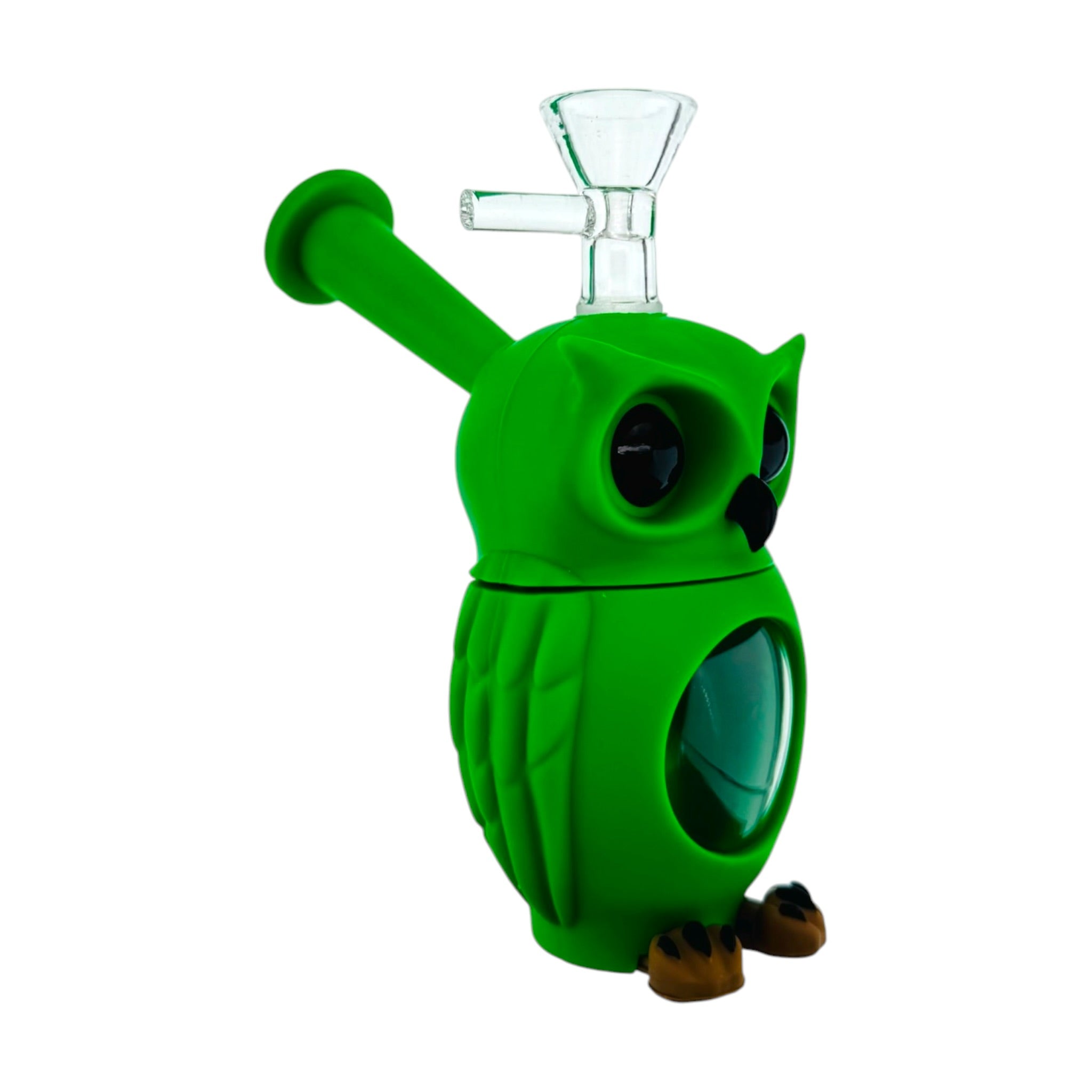 A green owl-shaped silicone or rubber water pipe bong with a clear glass bowl piece attached at the top, photographed on a plain white background.