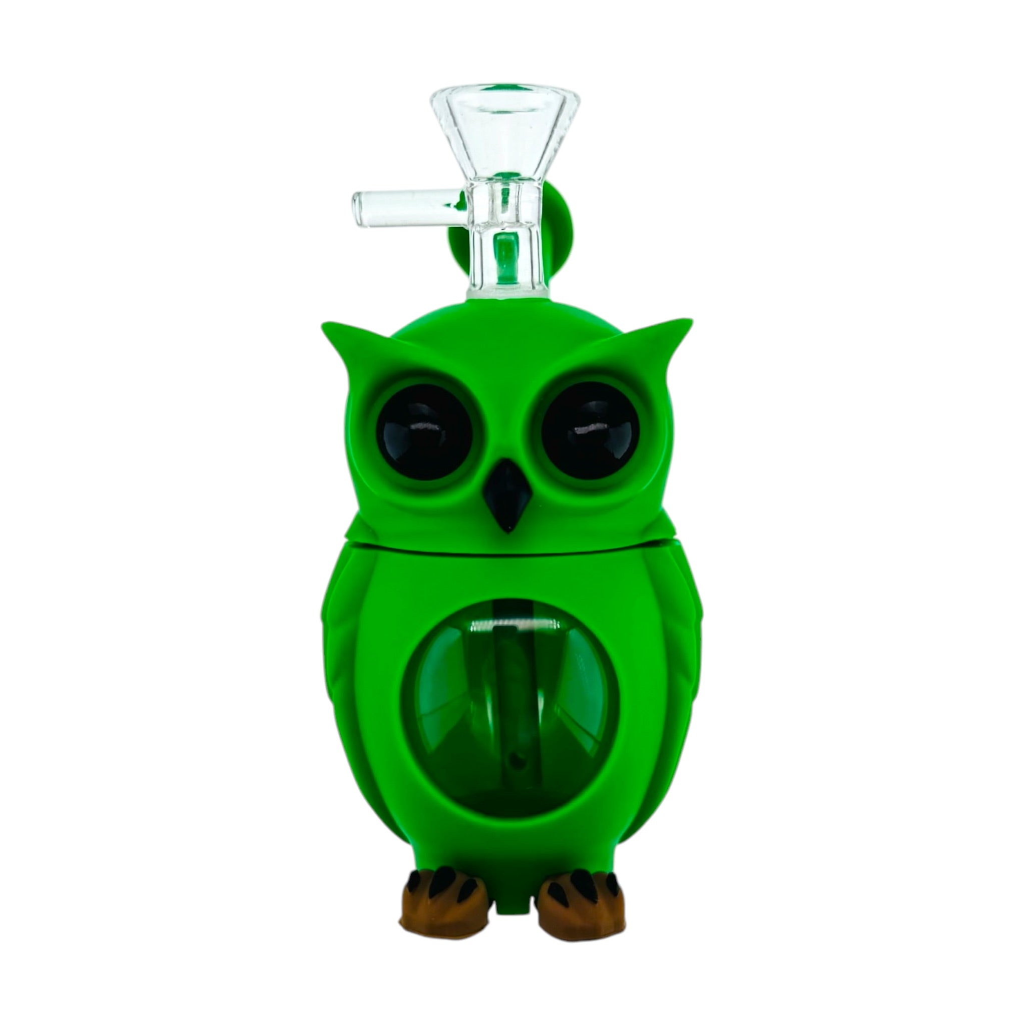 A green owl-shaped silicone or rubber water pipe bong with a clear glass bowl piece attached at the top, photographed on a plain white background.
