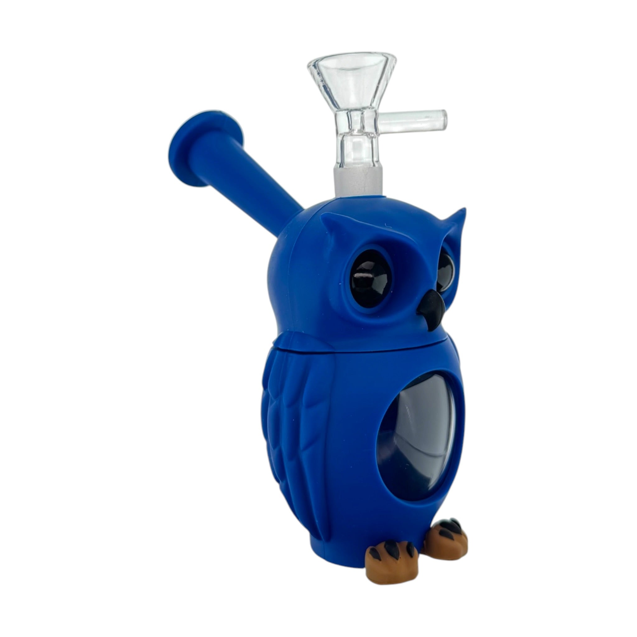 A green owl-shaped silicone or rubber water pipe bong with a clear glass bowl piece attached at the top, photographed on a plain white background.