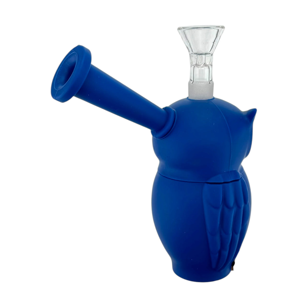 A green owl-shaped silicone or rubber water pipe bong with a clear glass bowl piece attached at the top, photographed on a plain white background.