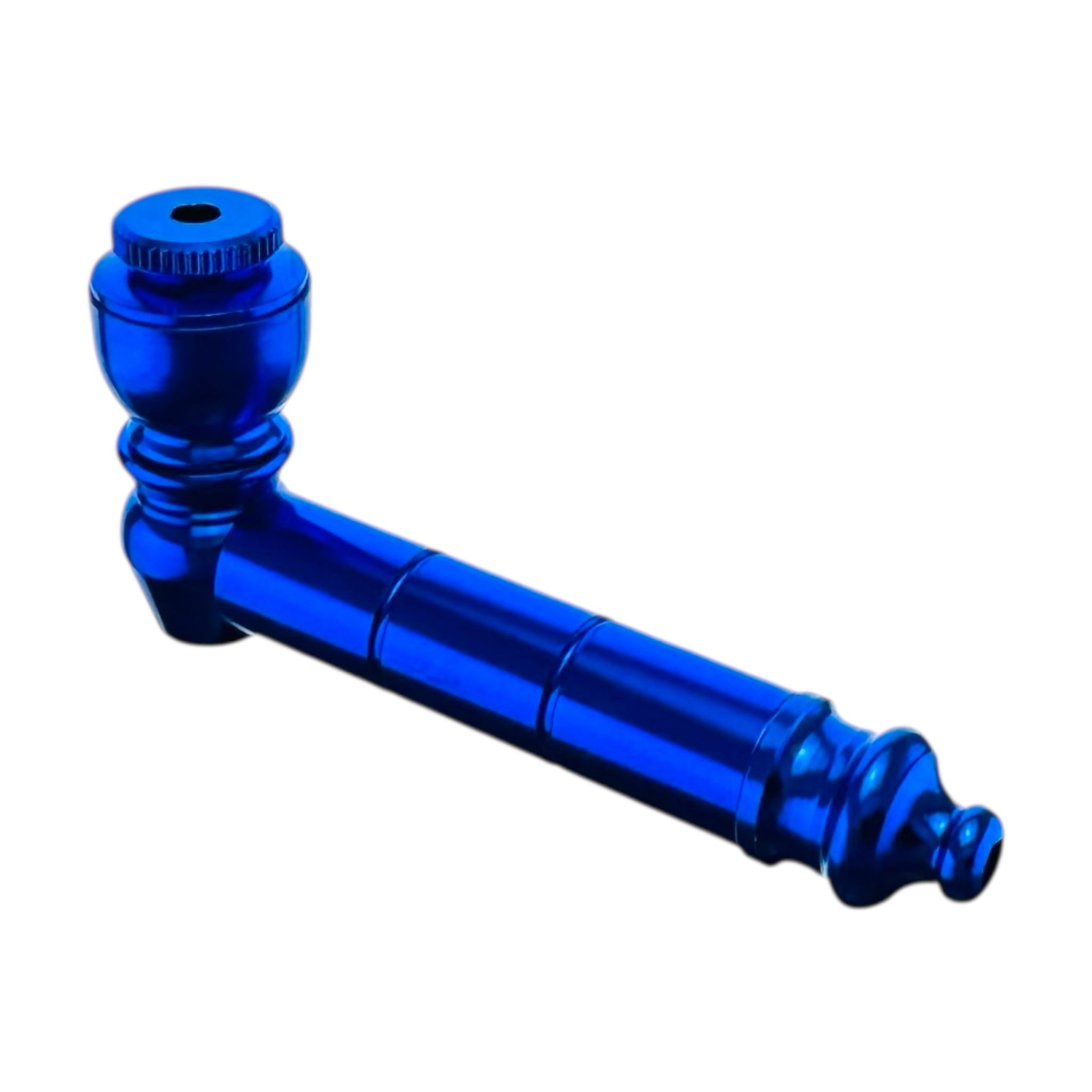 Blue basic metal cannabis pipe on a white background
