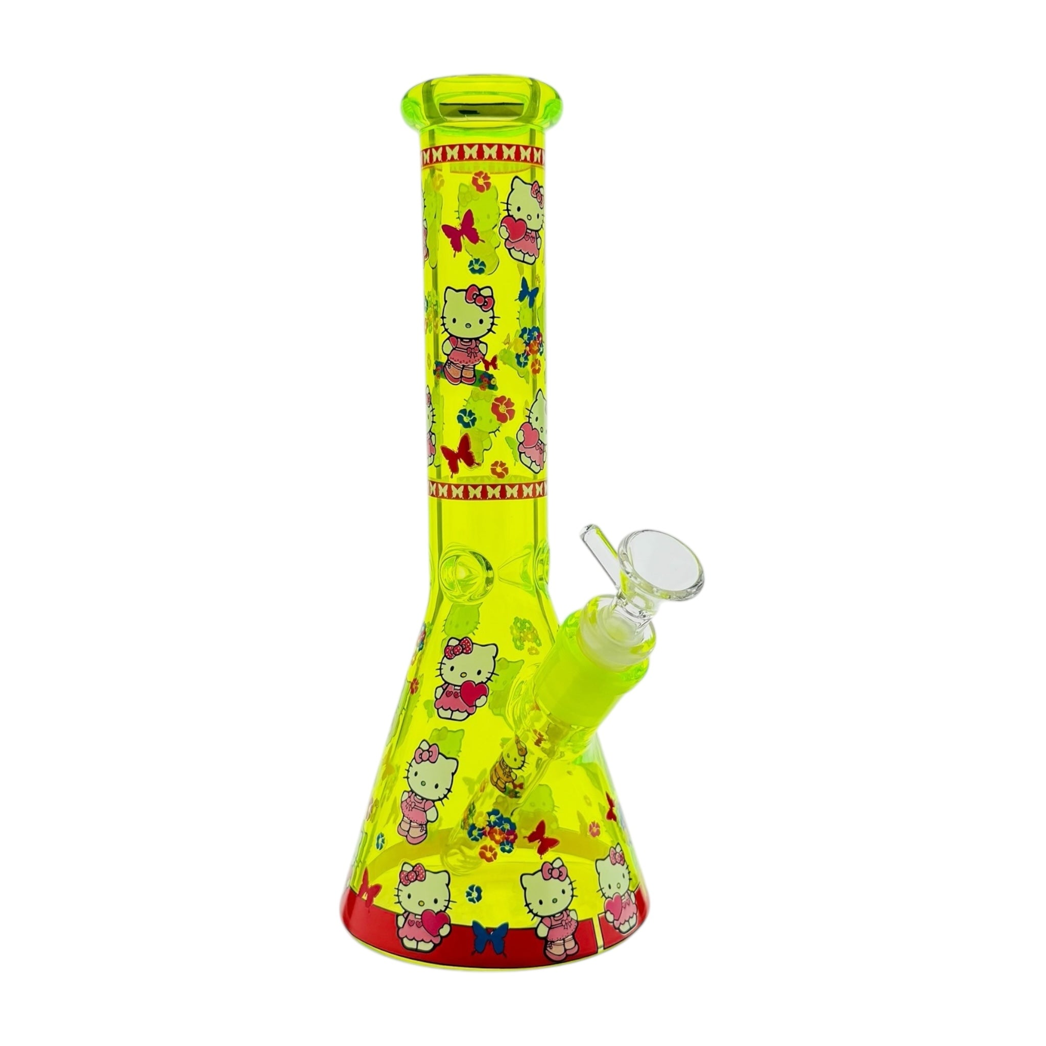 Yellow glass water pipe with Hello Kitty designs on a white background