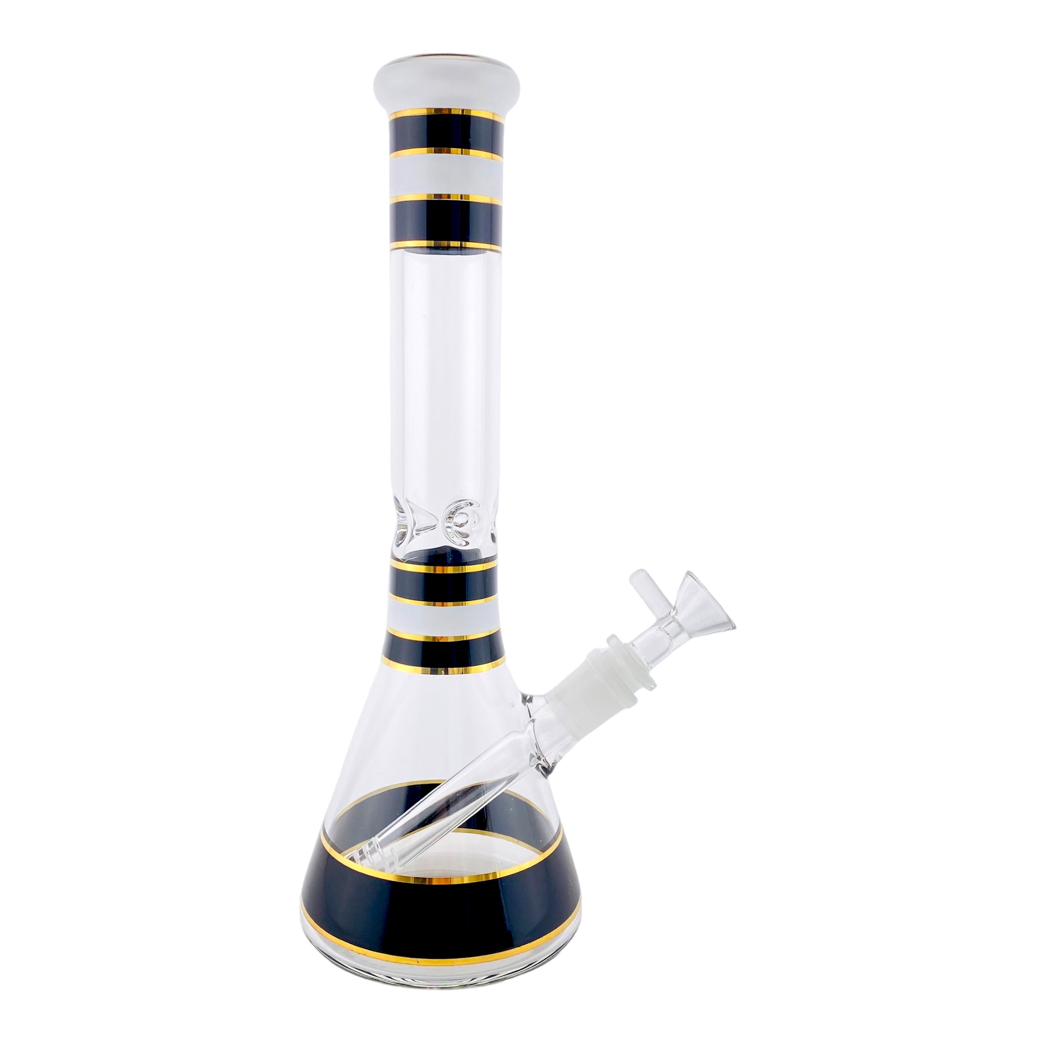 12 Inch Glass Beaker Bong With Black, White, And Gold Accents