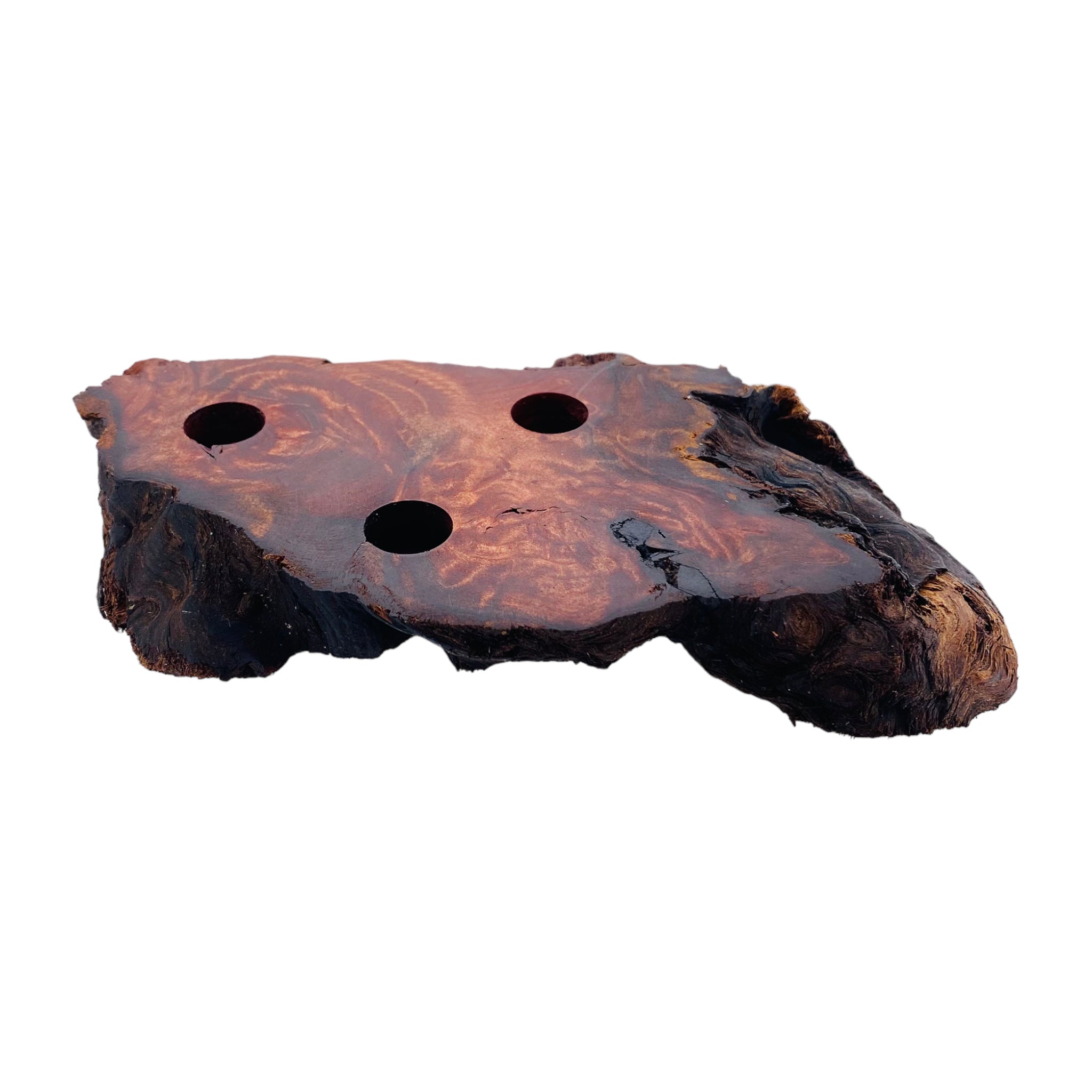 3 Hole Wood Display Stand Holder For 14mm Bong Bowl Pieces Or Quartz Bangers - Red Wood Burl With Live Edge