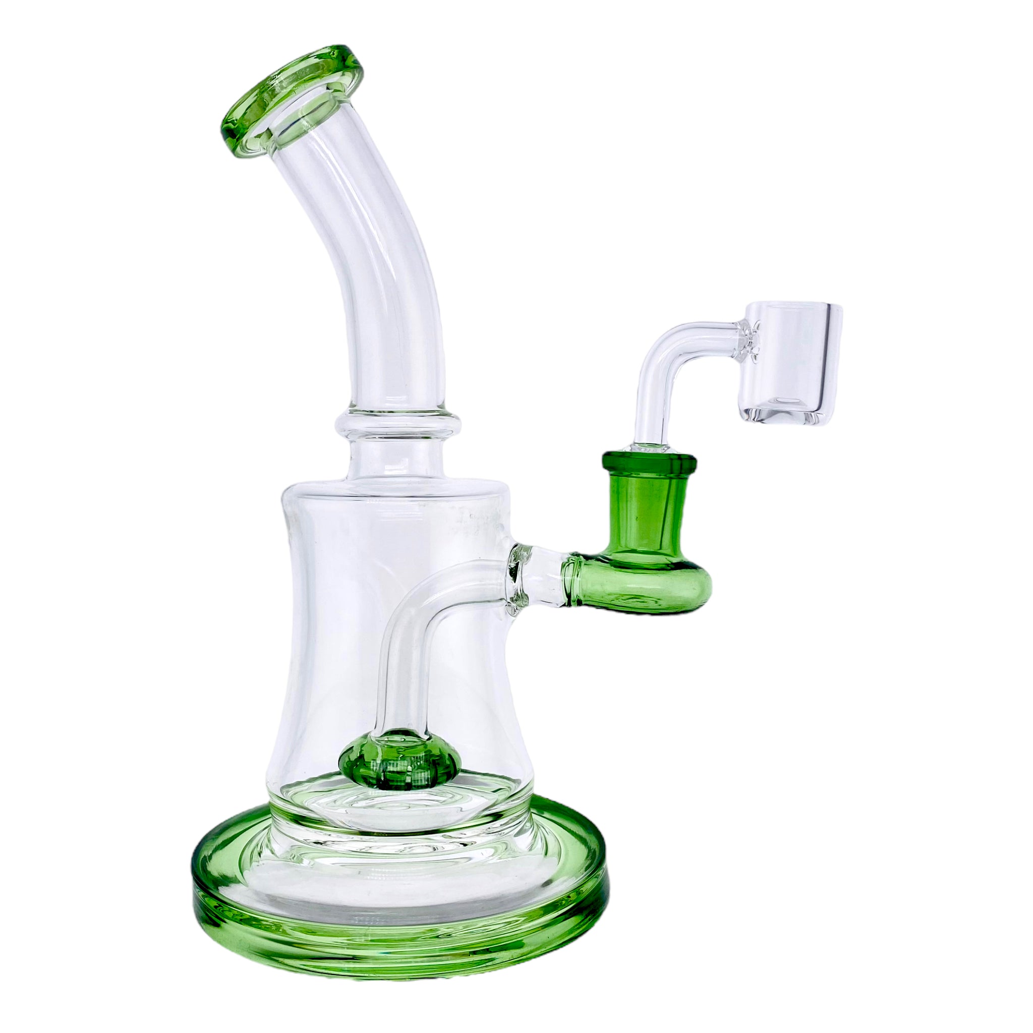 Small Clear Dab Rig With Green Showerhead Perc has 14mm female fitting
