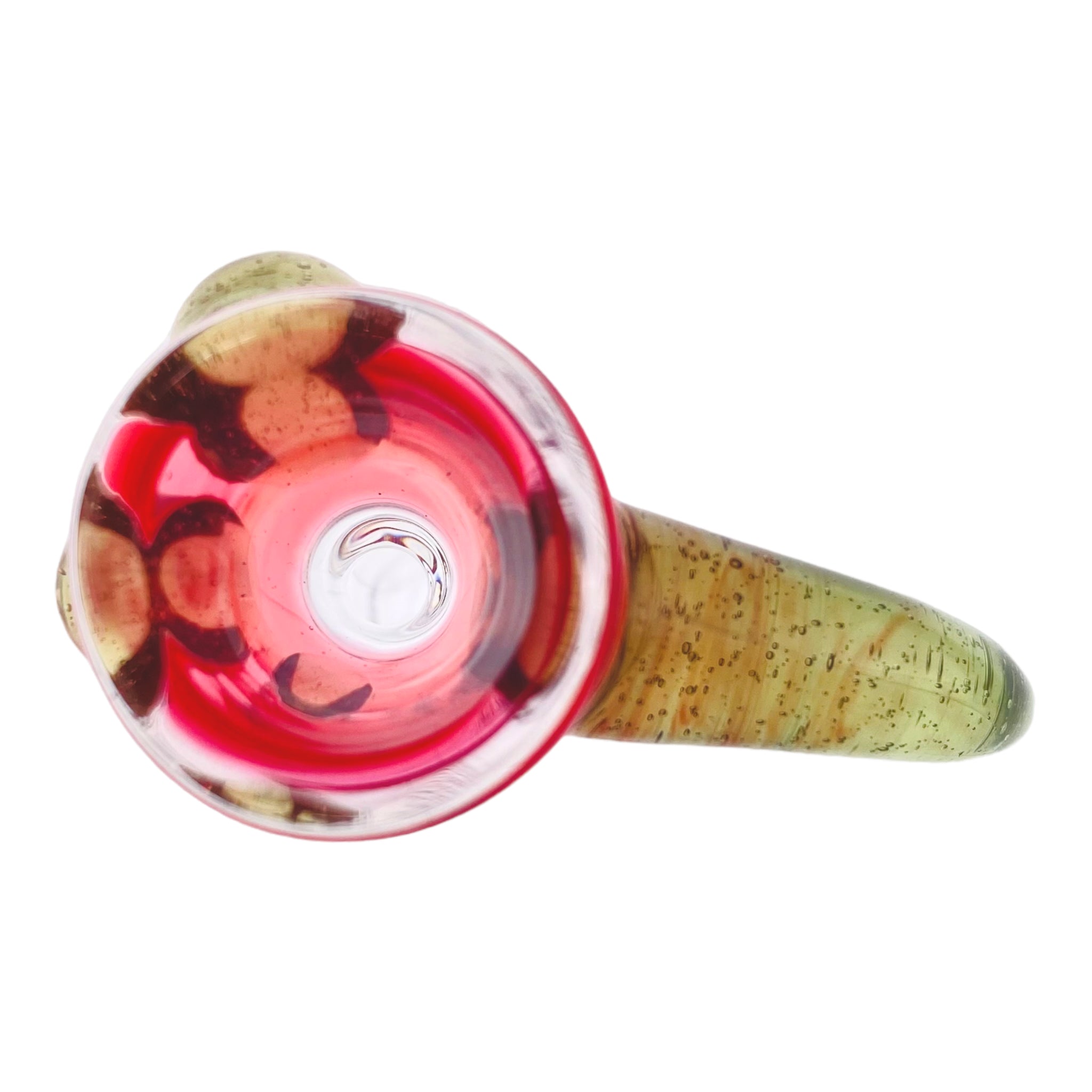 Arko Glass - 14mm Flower Bowl - Crimson Pink With Forest Green Handle & Dots