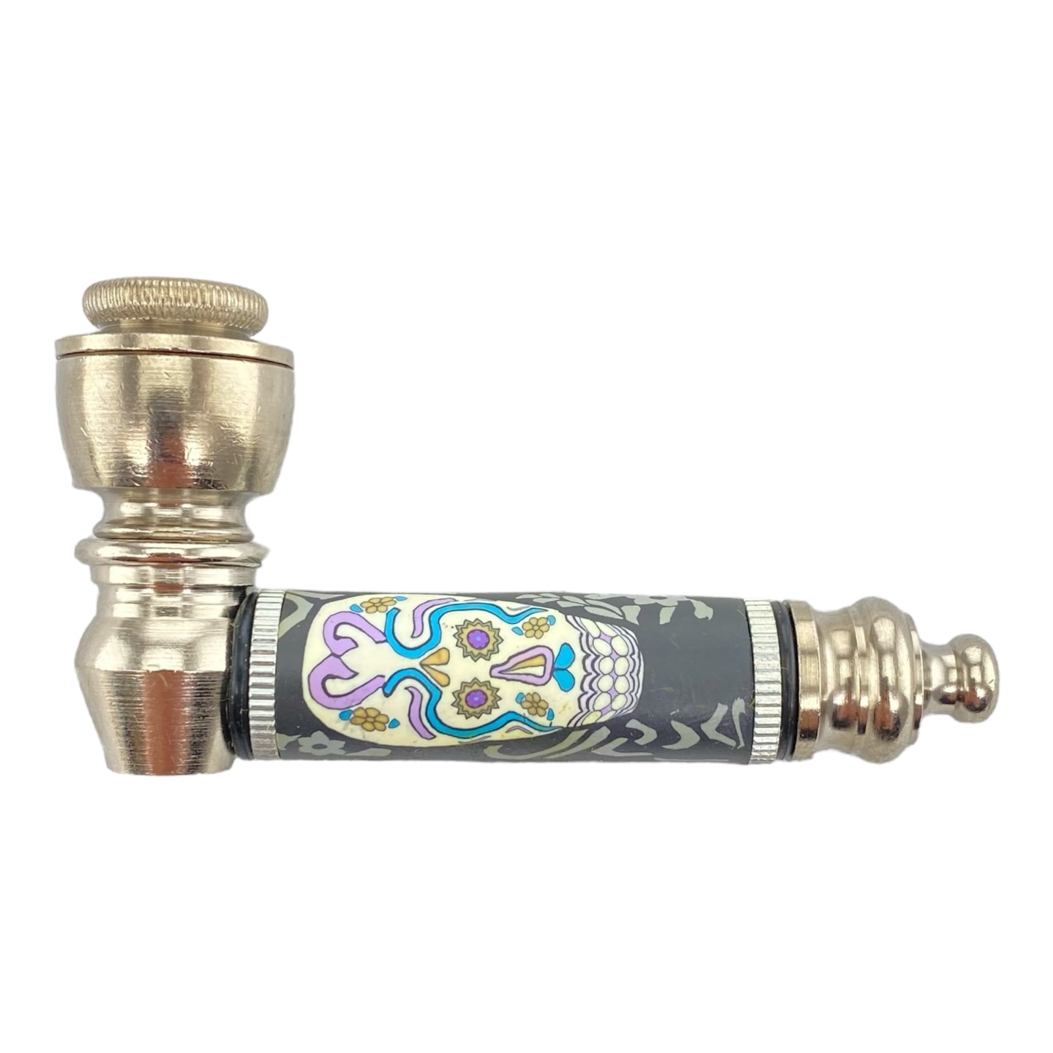 Metal Hand Pipes - Silver And Black Hand Pipe With Purple Candy Skull