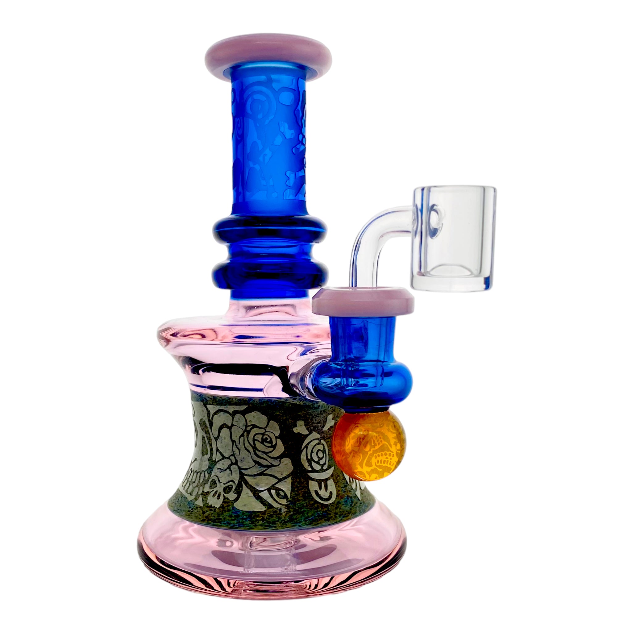 Pink And Blue Dab Rig With Sand Blasted Skulls And Roses