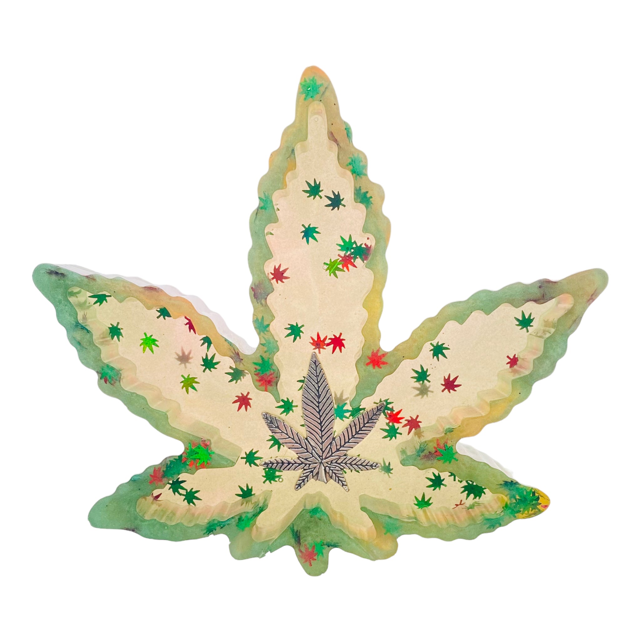 Weed Leaf Resin Cast Ash Tray With Red & Green Leaves