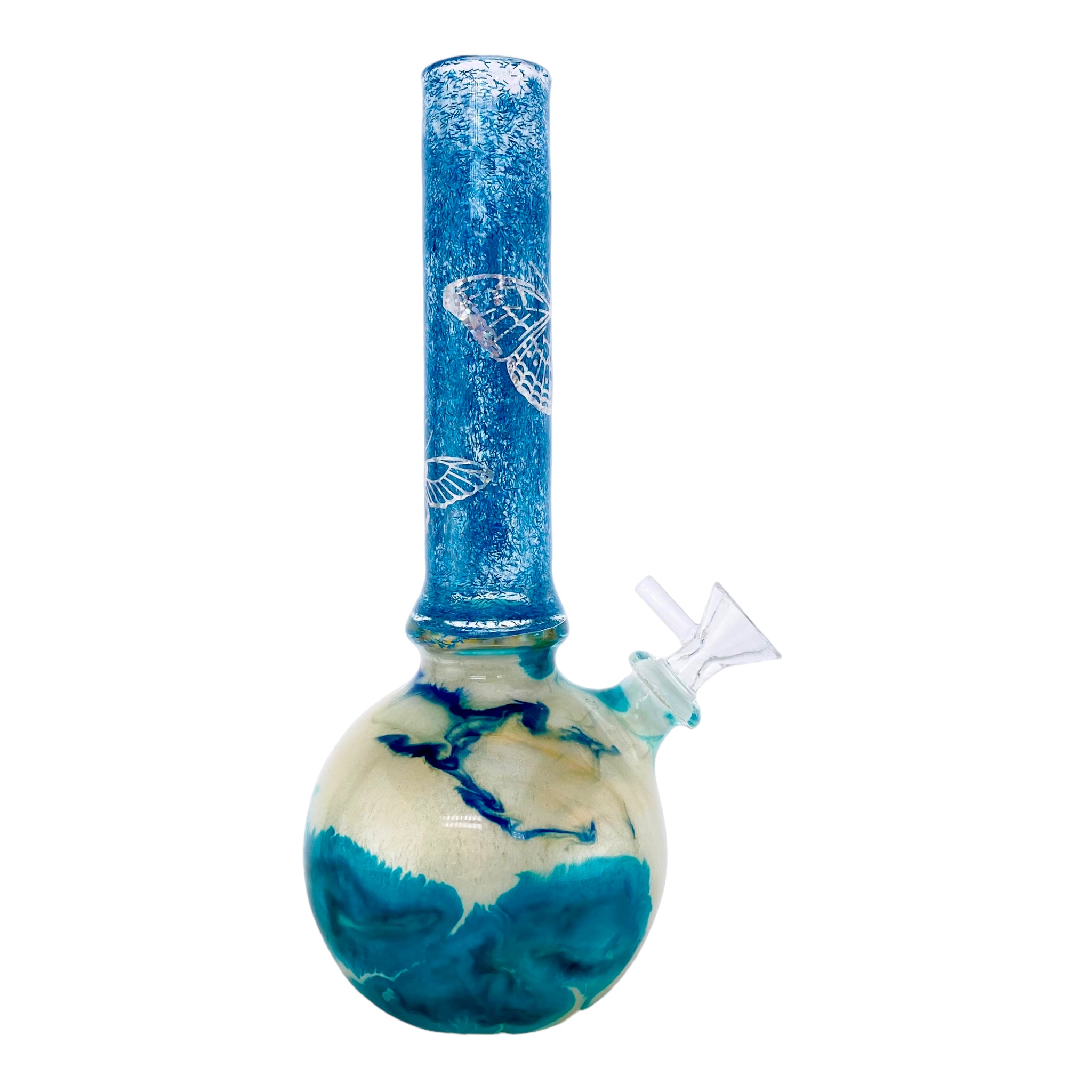 Oregon Blown Glass - Blue Glitter Butterfly Bubble Base Bong