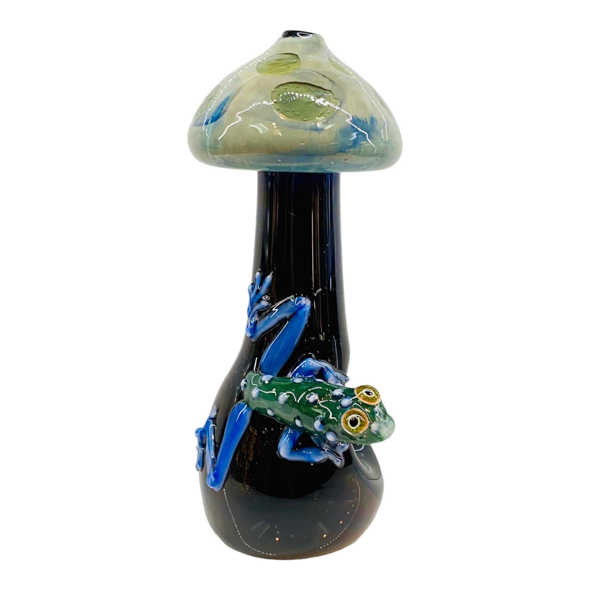 Blue Mushroom Shaped Glass Hand Pipe With Blue Gecko On Side