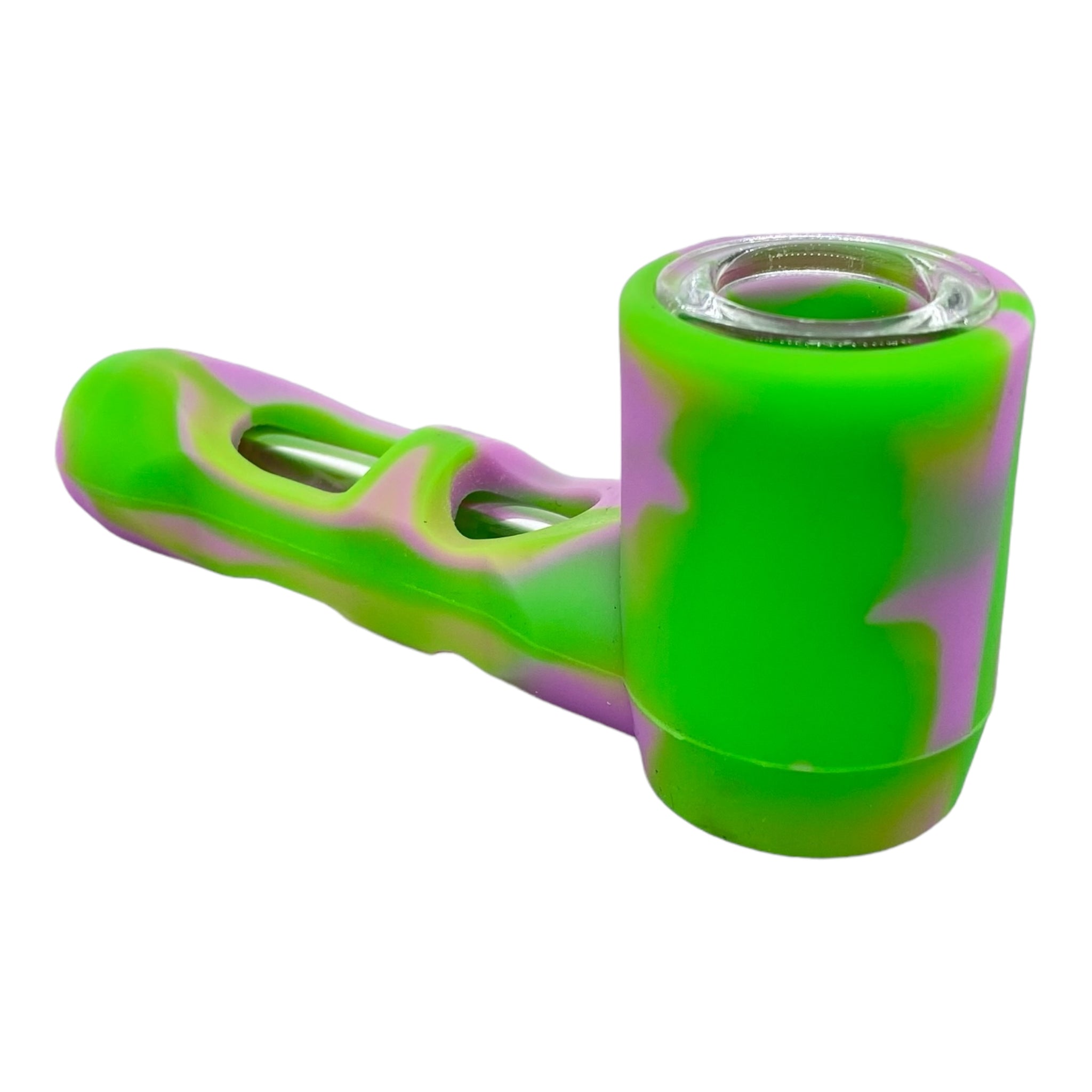 Pink and Green Silcone Hammer Hand Pipe With Multi Hole Glass Bowl