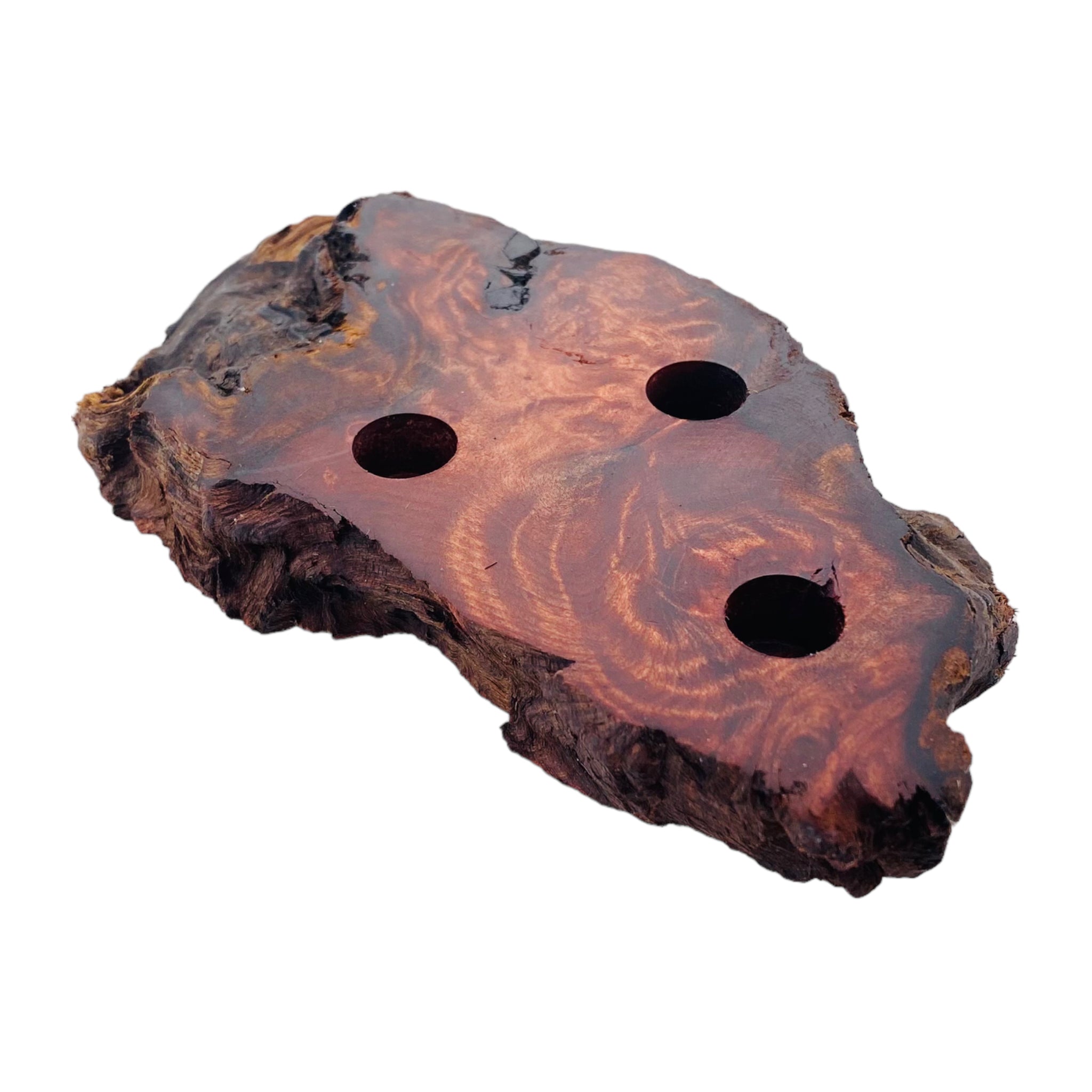 3 Hole Wood Display Stand Holder For 14mm Bong Bowl Pieces Or Quartz Bangers - Red Wood Burl With Live Edge