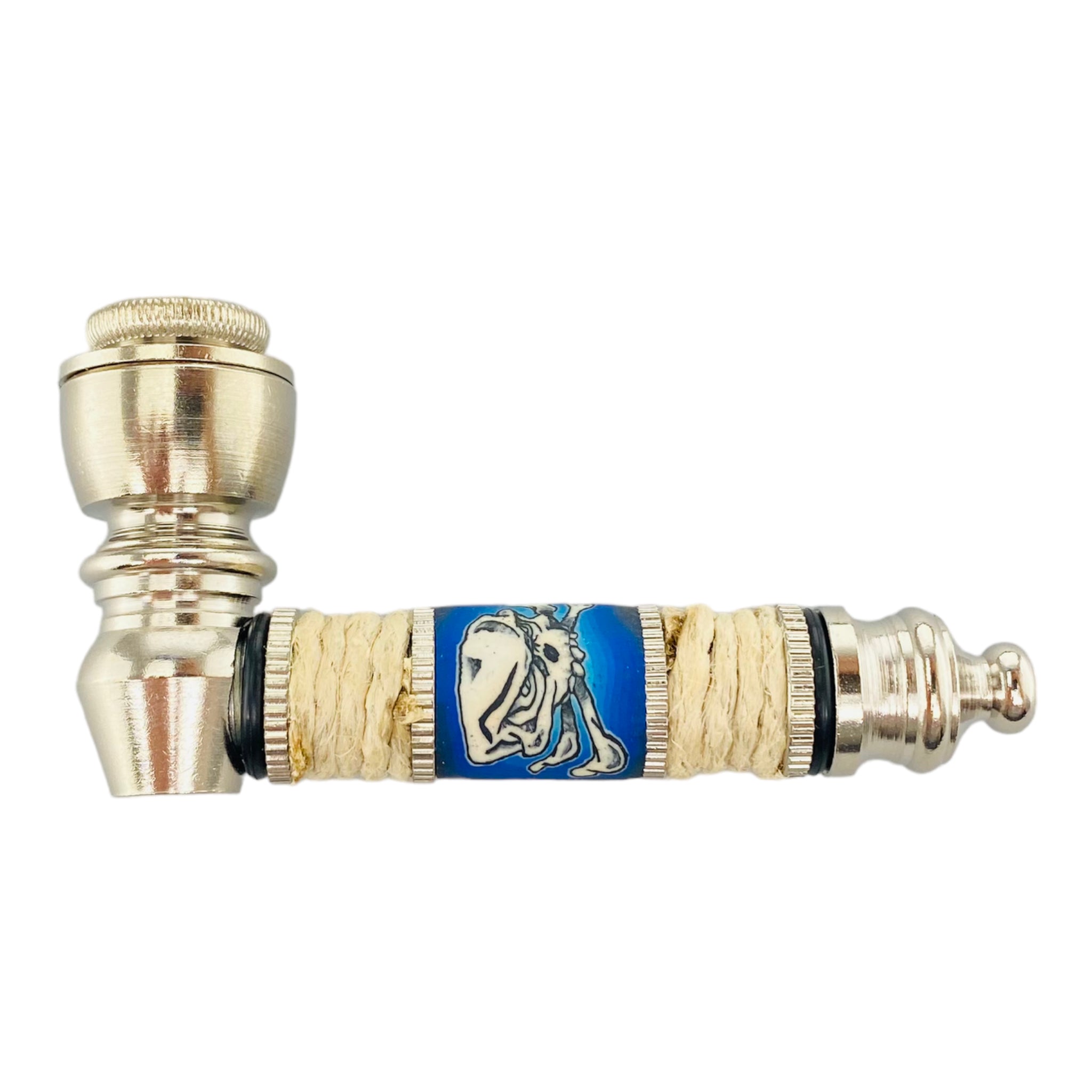 Silver Chrome Hand Pipe With Blue Skull And Crossbones