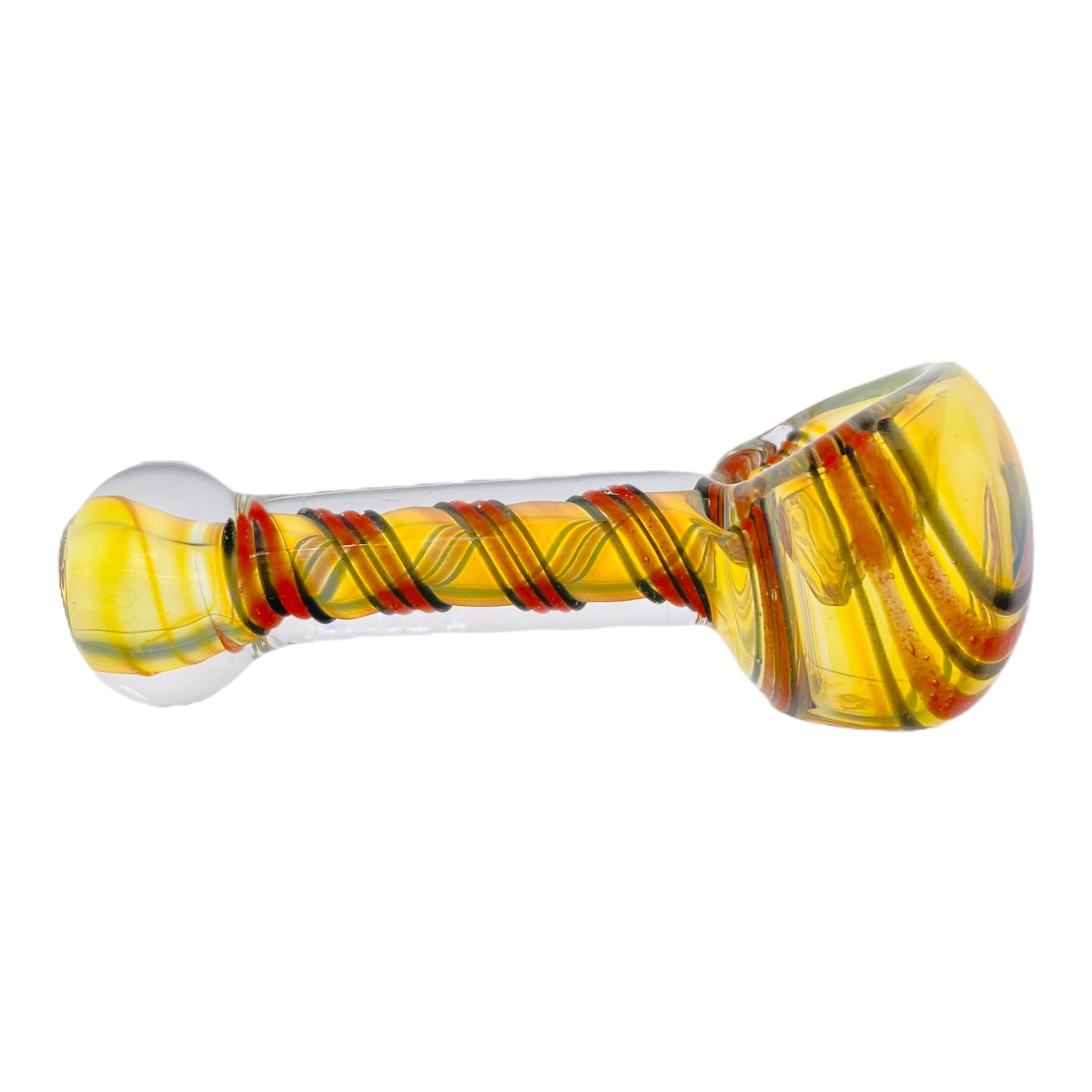 Yellow Color Changing Glass Spoon Pipe With Red And Black Linework Twist