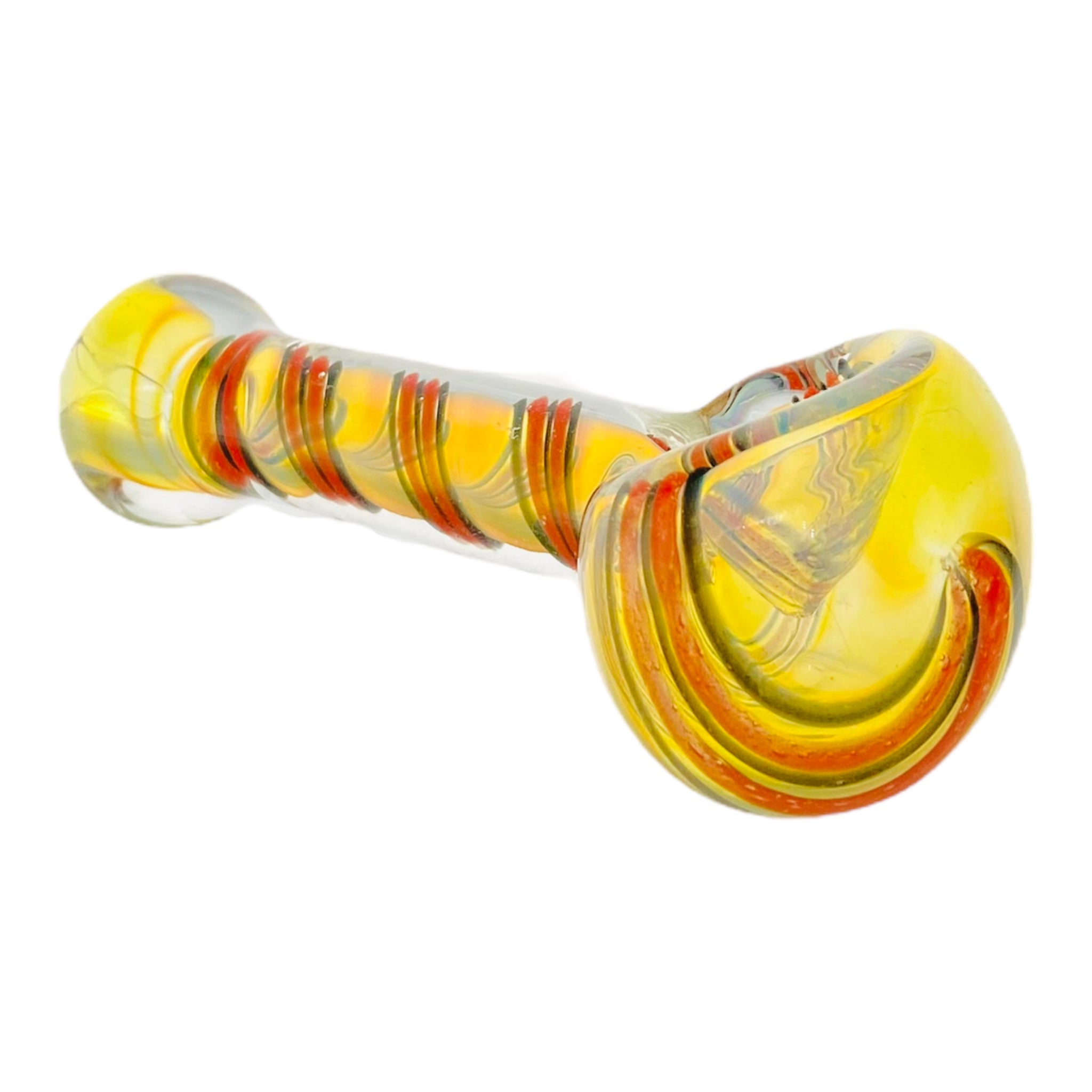 Yellow Color Changing Glass Spoon Pipe With Red And Black Linework Twist